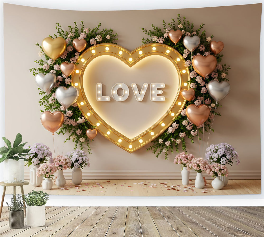 Valentine's Day Backdrop Golden Heart Bloom Wall Valentines Backdrop I