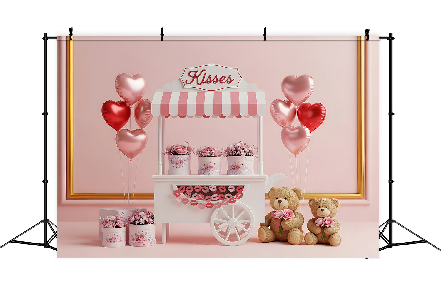 Valentine's Backdrops Kisses Cart Floral Romance Pink Valentines Backdrop By Magali