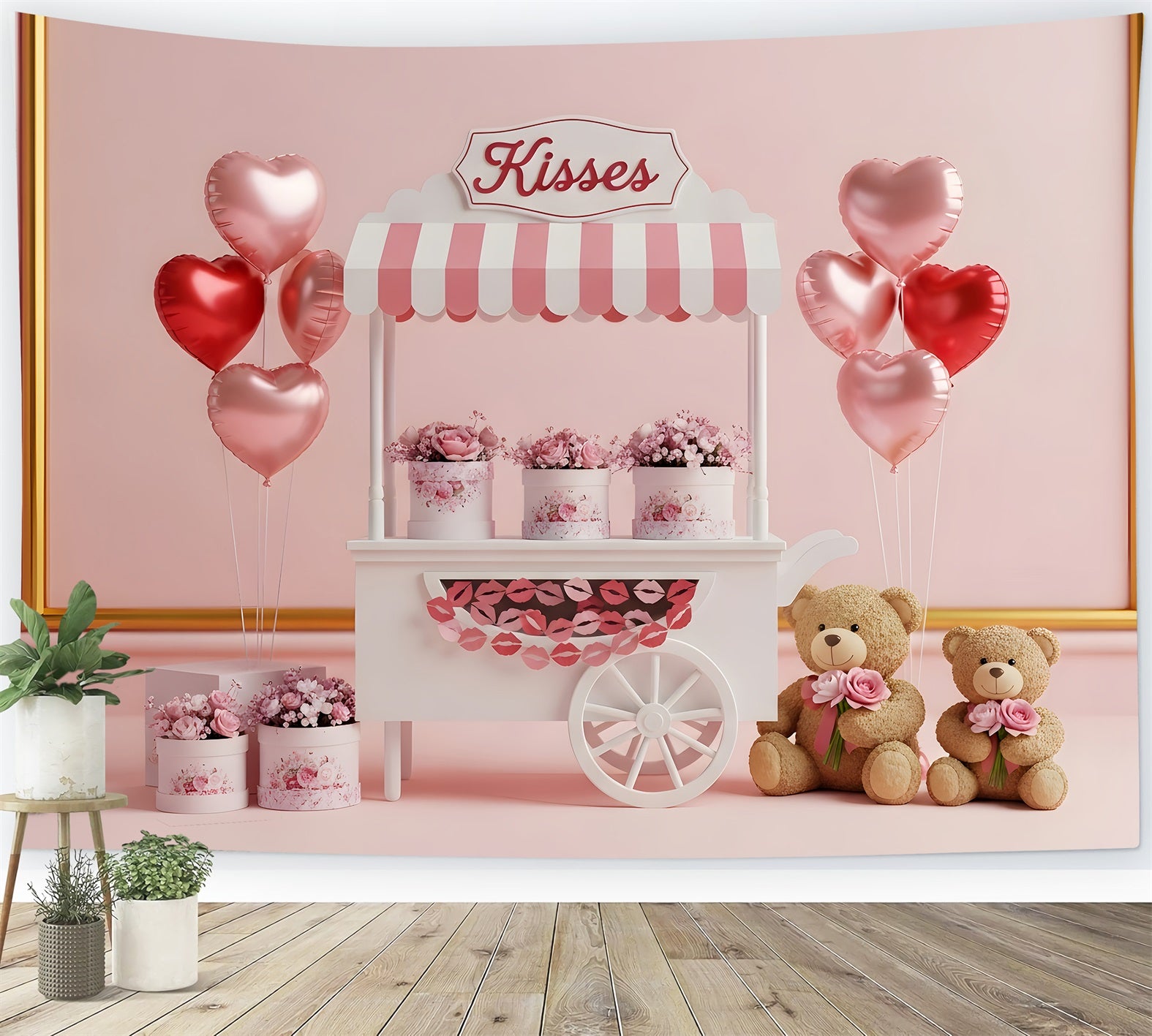 Valentine's Backdrops Kisses Cart Floral Romance Pink Valentines Backdrop By Magali