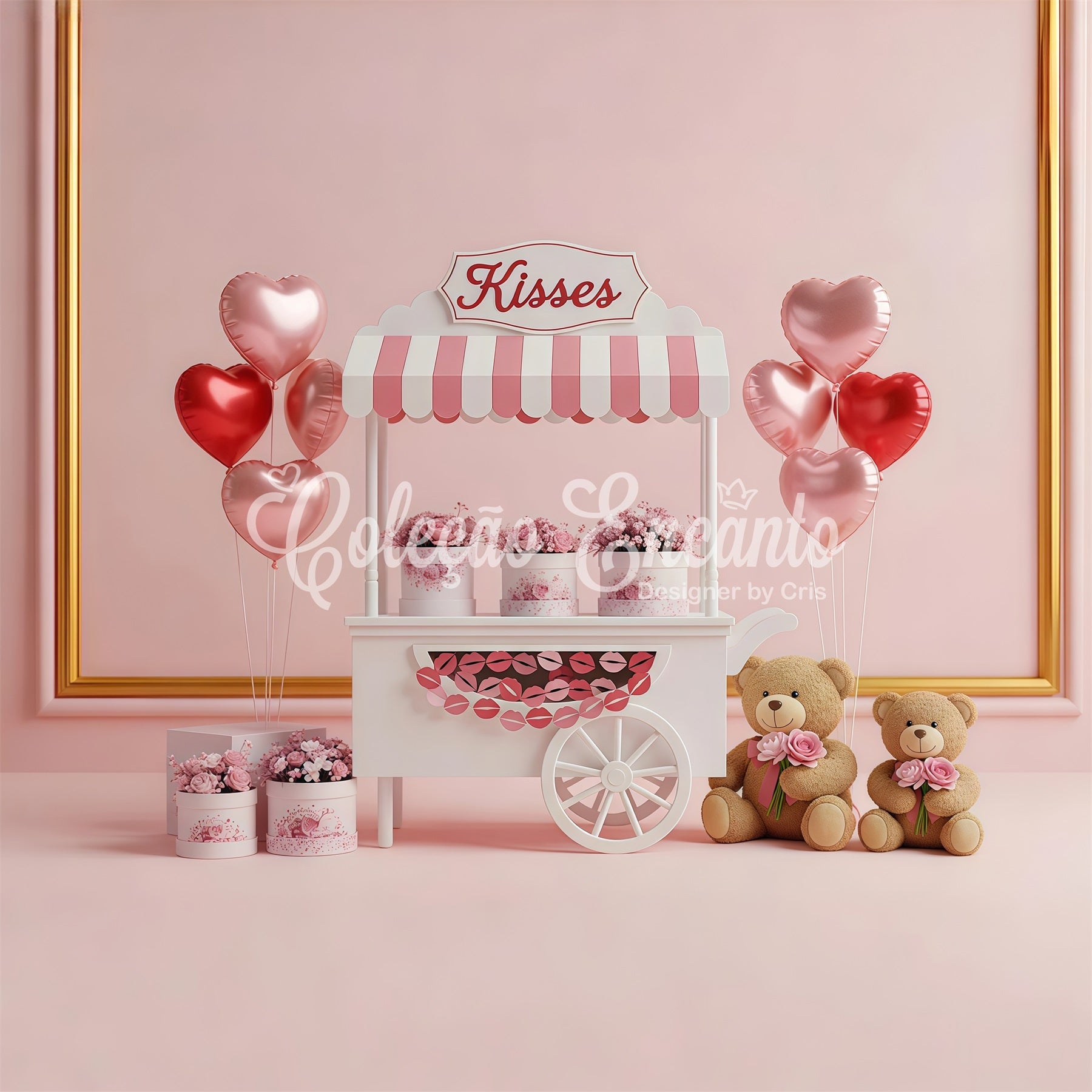 Valentine's Backdrops Kisses Cart Floral Romance Pink Valentines Backdrop By Magali