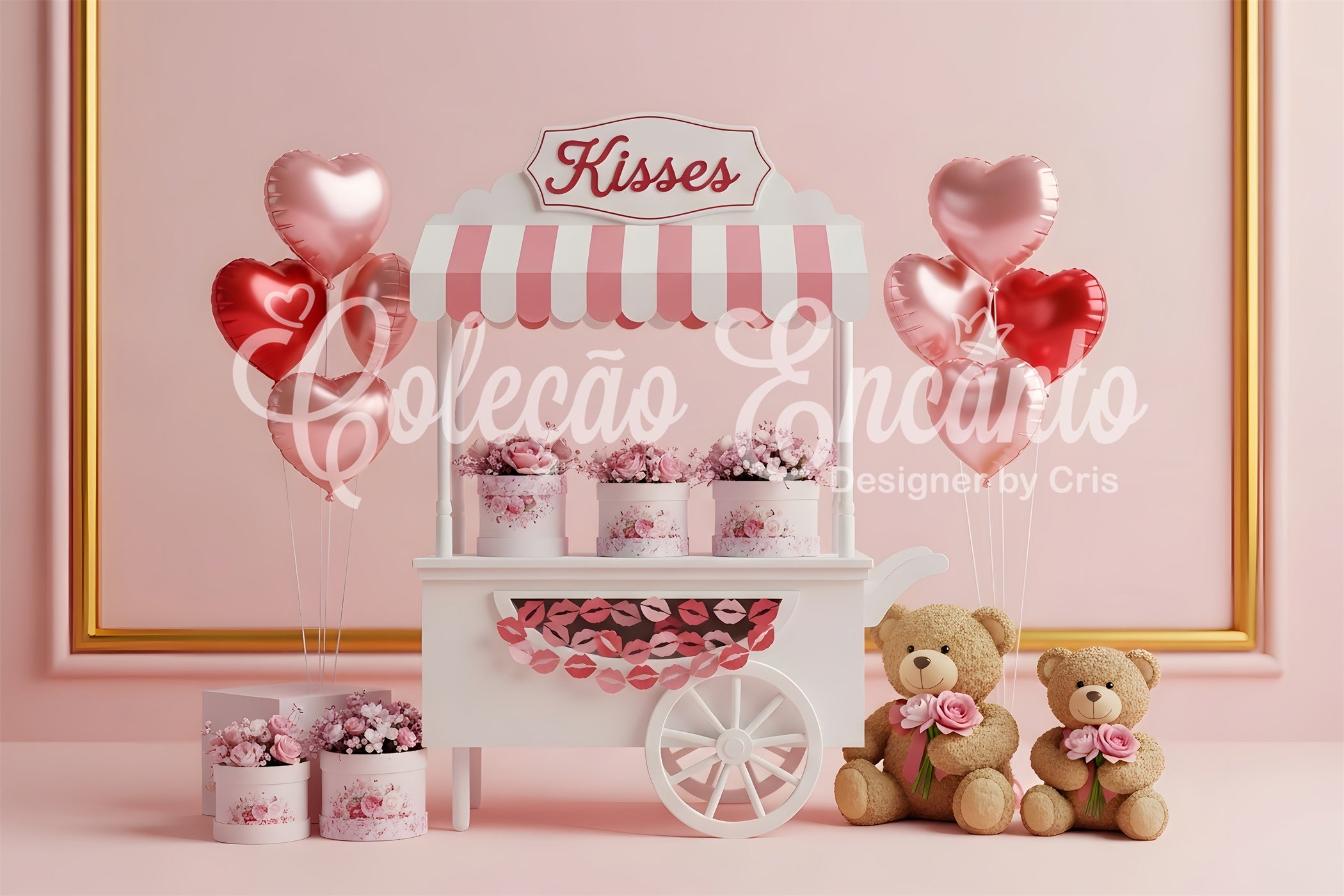 Valentine's Backdrops Kisses Cart Floral Romance Pink Valentines Backdrop By Magali