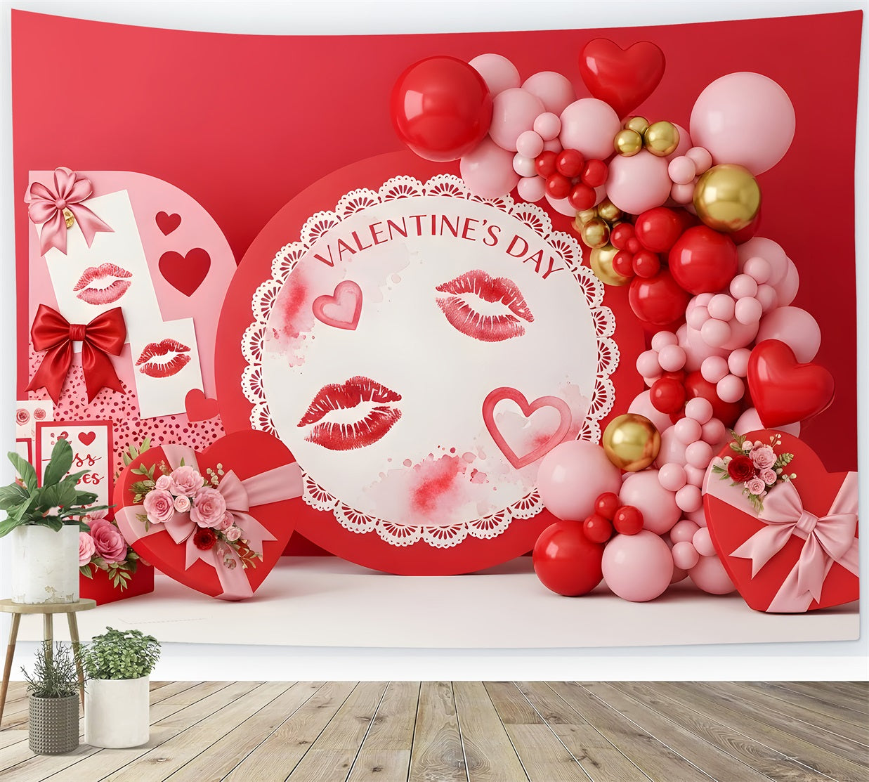 Red Valentines Backdrop Kisses Lace Romance Display Valentine Backdrop Ideas By Magali