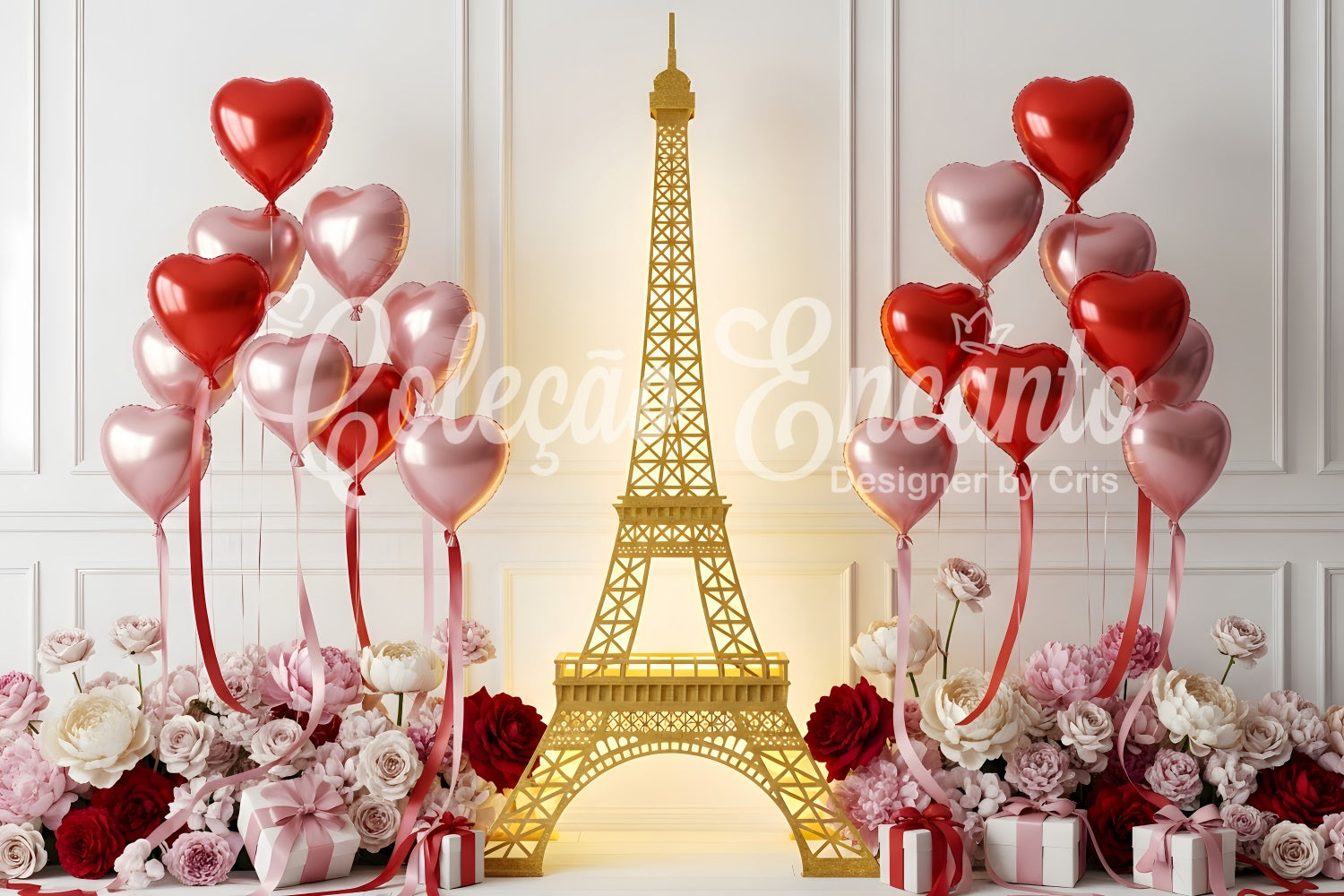 Valentine's Backdrop Golden Paris Heart Balloons Valentine's Day Backdrop By Magali
