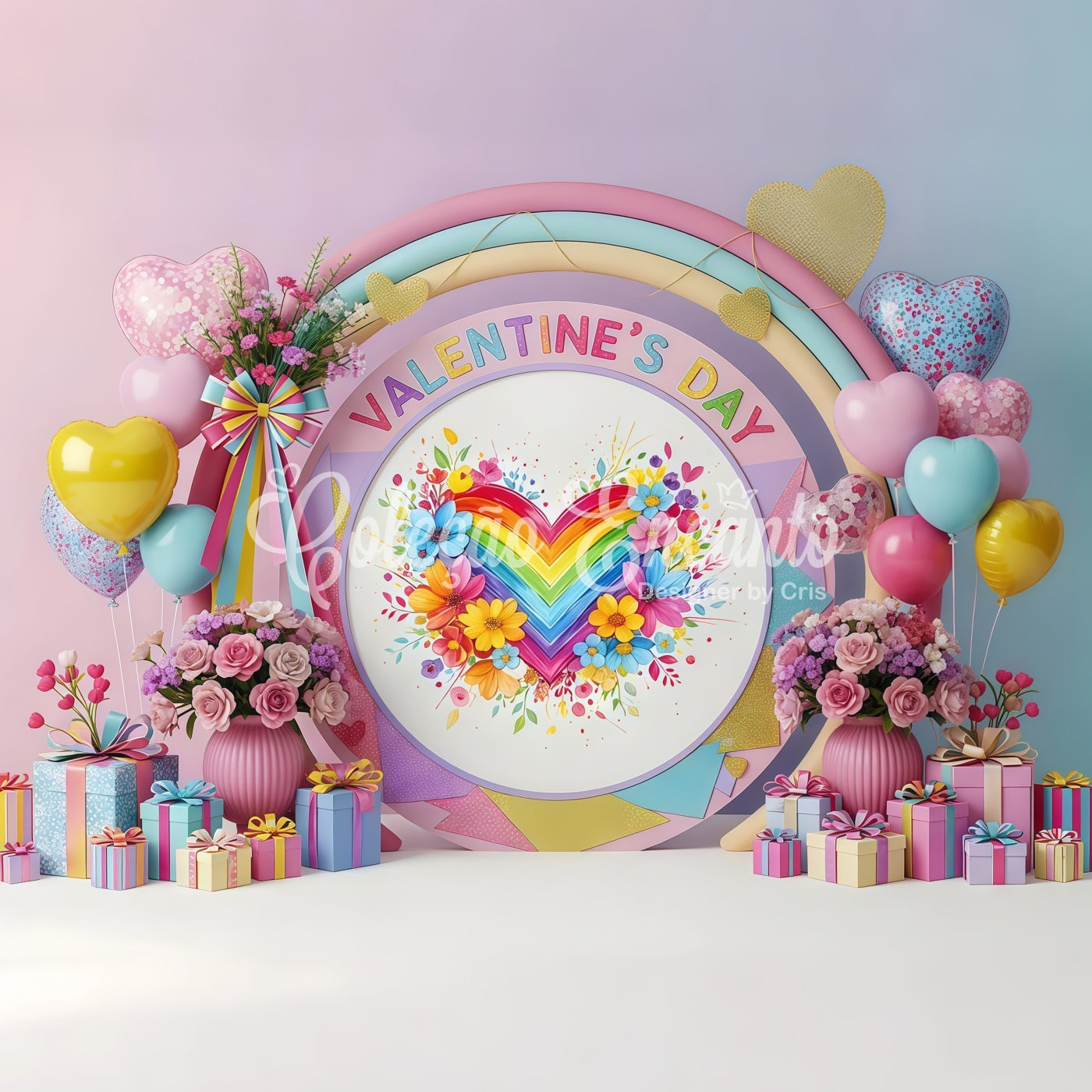 Valentines Backdrop Rainbow Floral Heart Valentine's Day Backdrops For Pictures By Magali