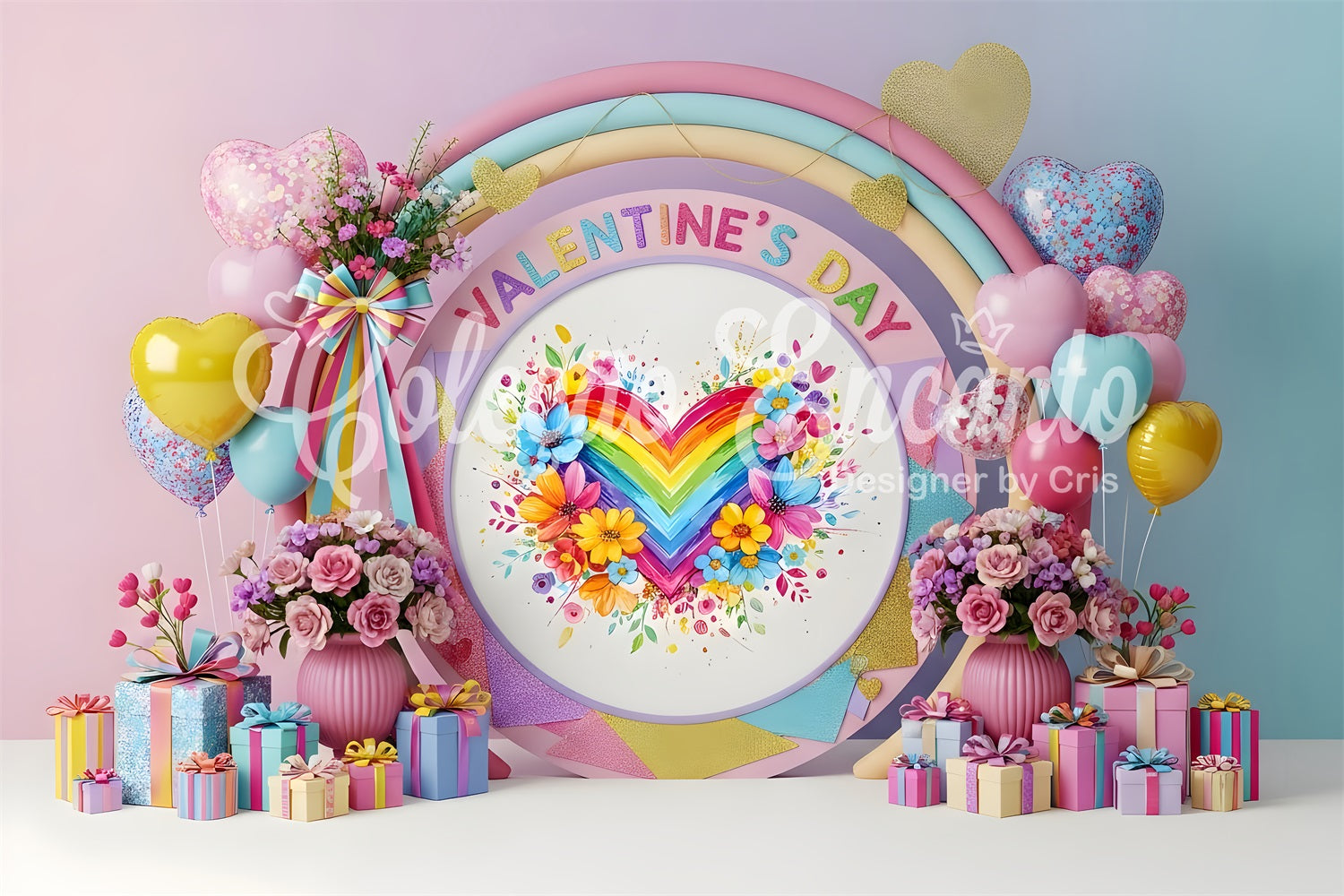 Valentines Backdrop Rainbow Floral Heart Valentine's Day Backdrops For Pictures By Magali