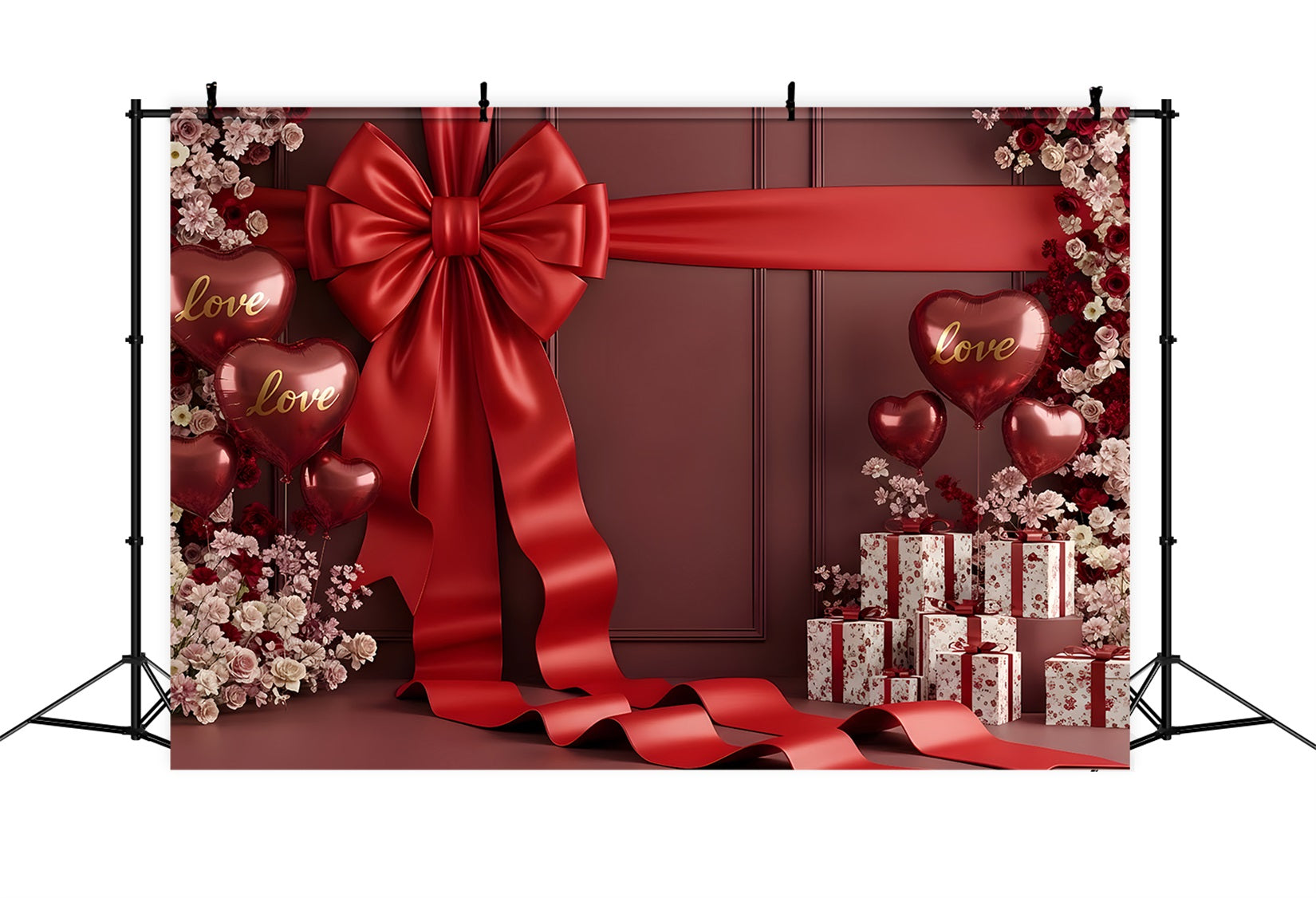 Valentines Backdrop Crimson Ribbon Roses Gift Valentine Backdrops For Photos By Magali