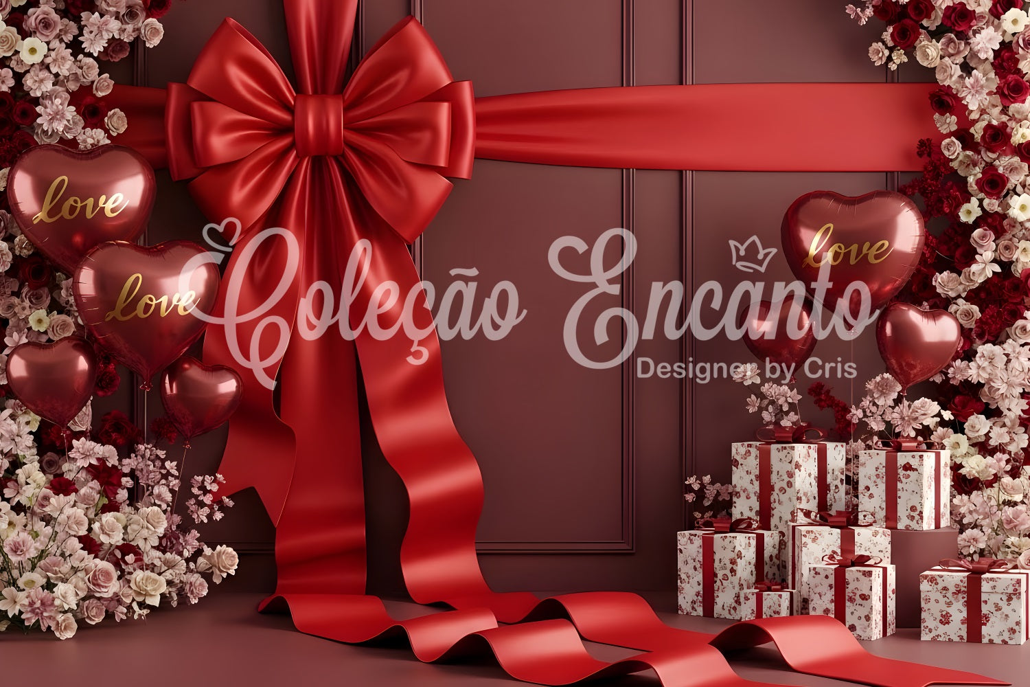 Valentines Backdrop Crimson Ribbon Roses Gift Valentine Backdrops For Photos By Magali