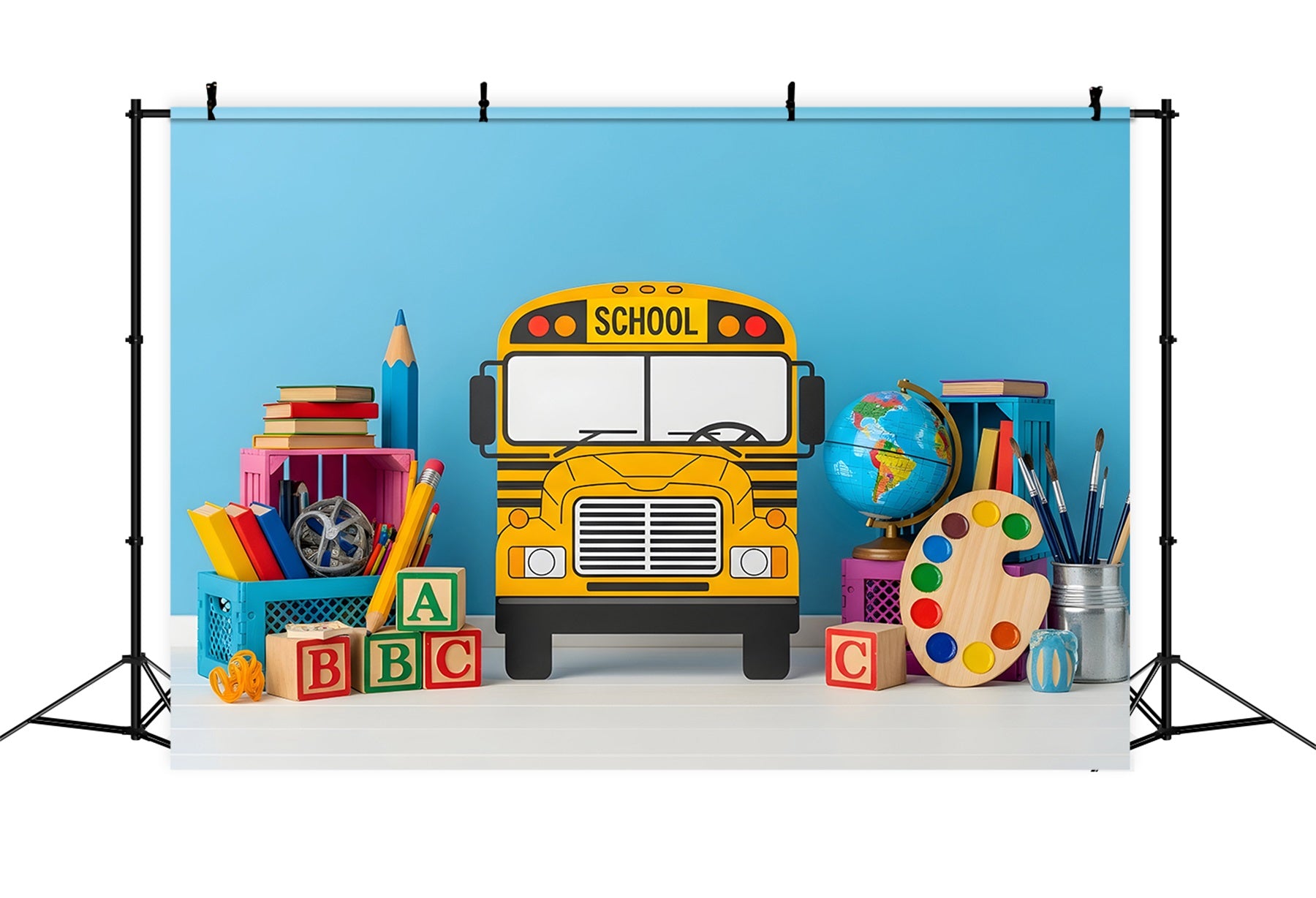 School Bus Backdrop Playful School Supplies Back To School Backdrop By Magali