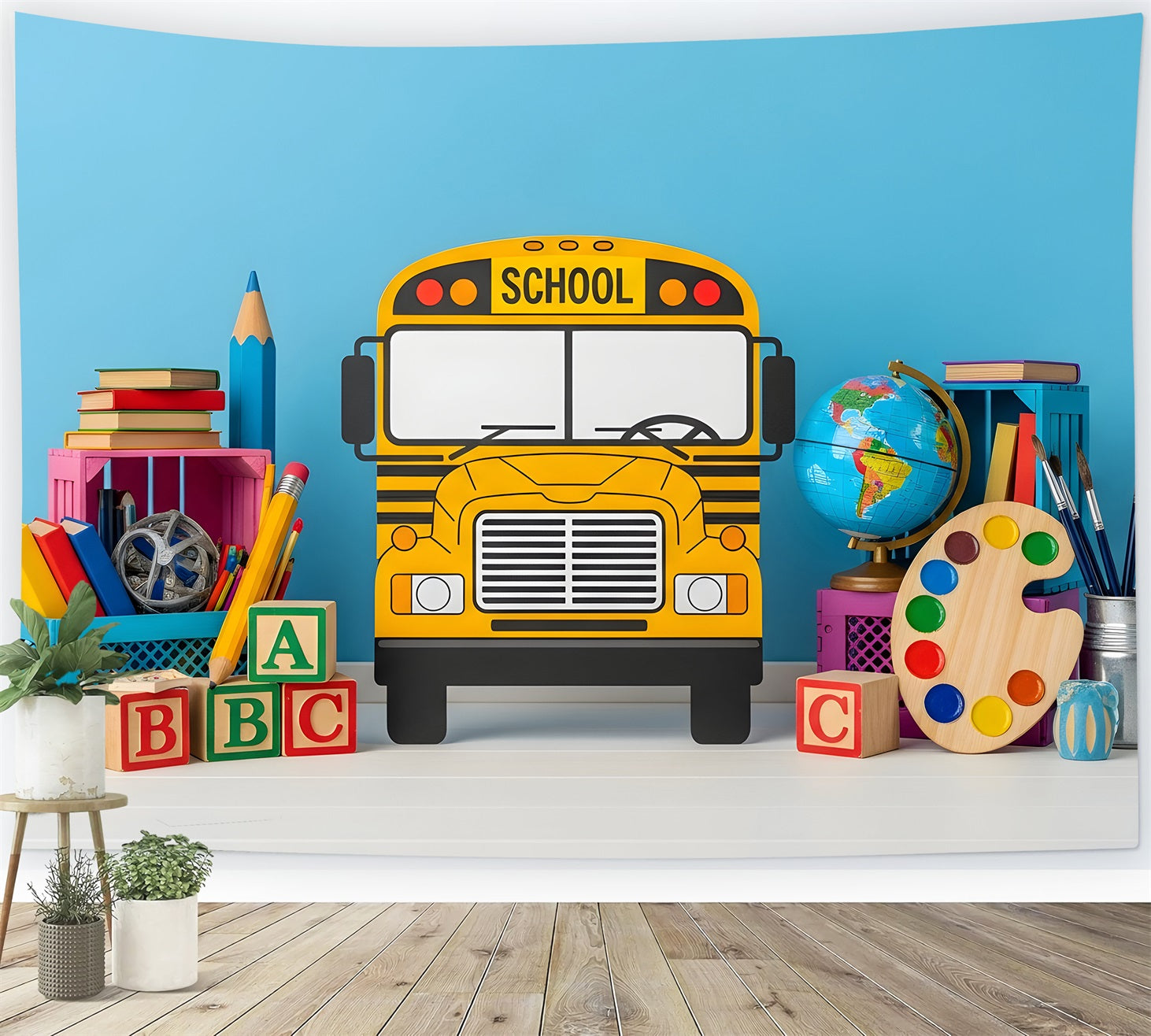 School Bus Backdrop Playful School Supplies Back To School Backdrop By Magali