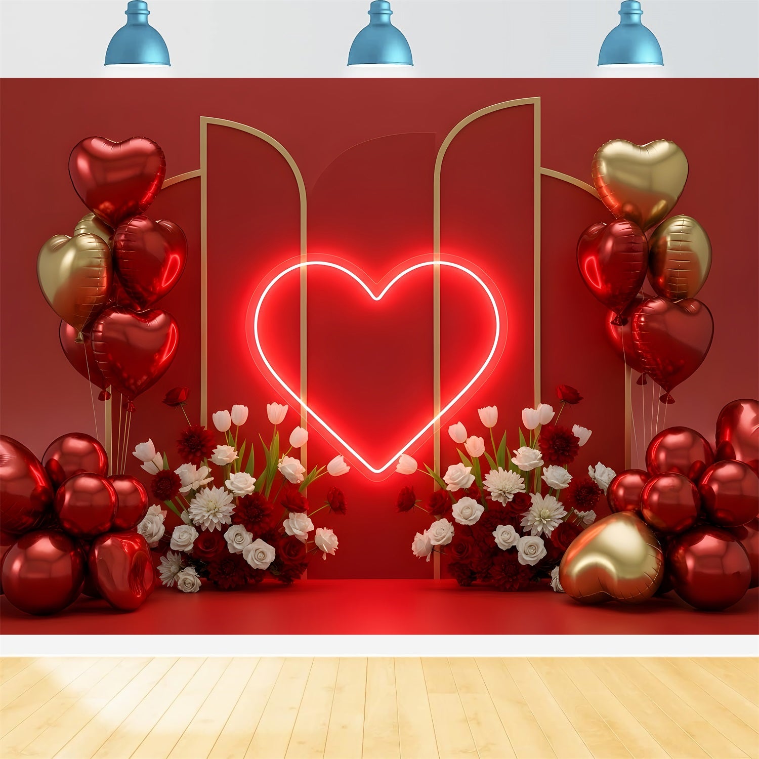 Valentine Backdrops Neon Heart Balloons Floral Red Valentine Backdrop By Magali