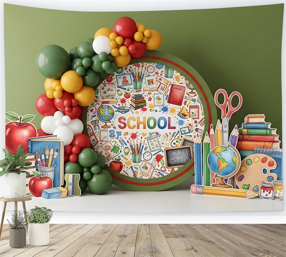 School Backdrop Colorful Tools Circle Preschool Photo Backdrops By Magali