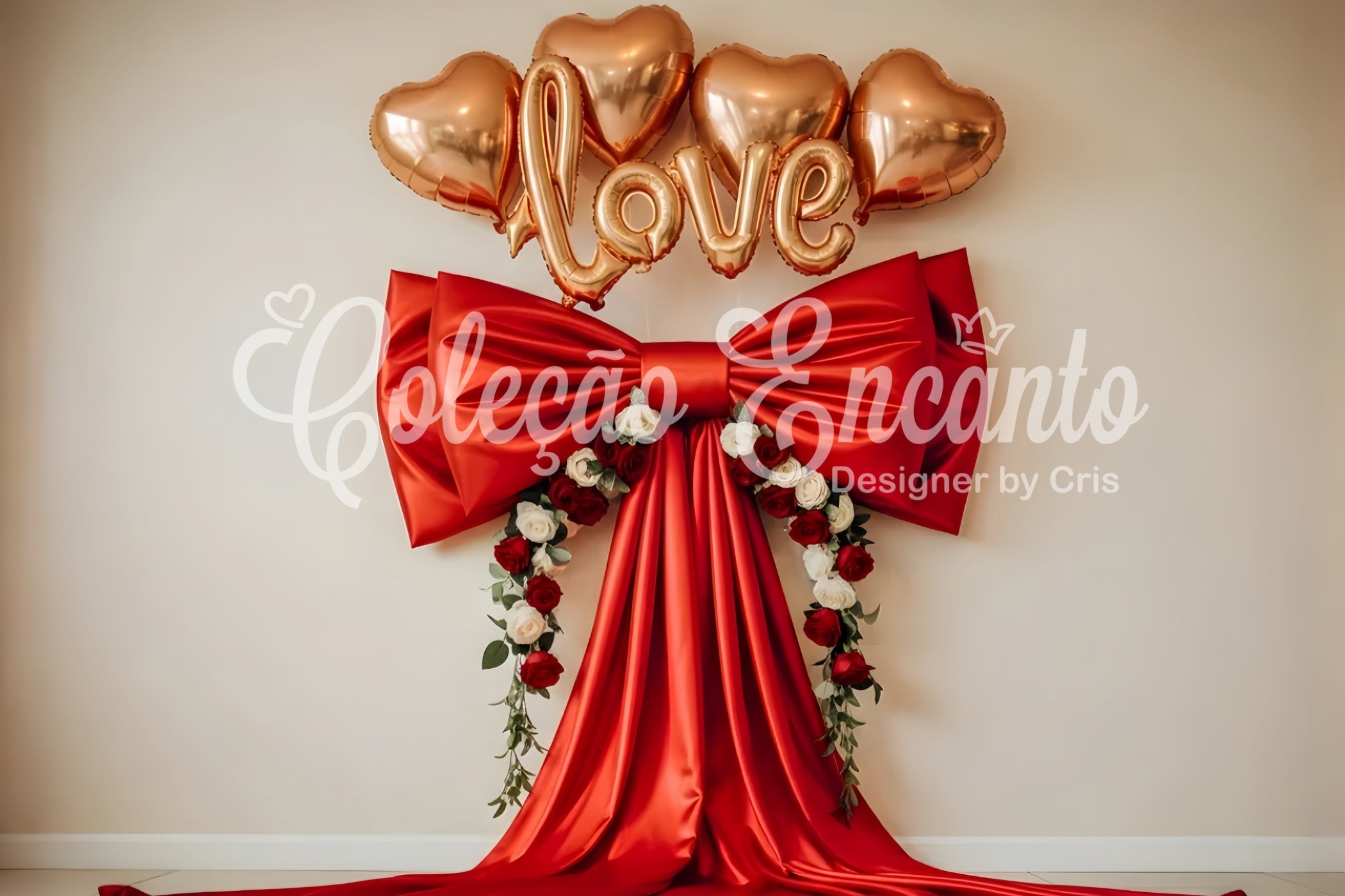 Valentine's Day Backdrops Red Satin Bow Floral Hearts Valentine Backdrop By Magali