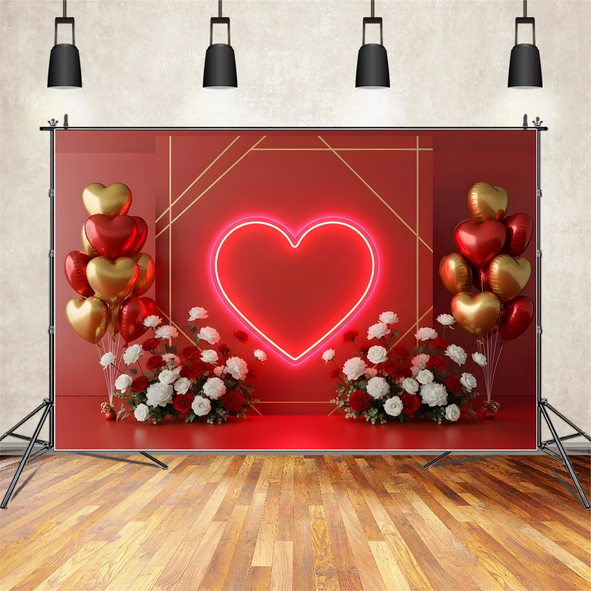 Valentines Backdrops Neon Heart Balloons Floral Valentine's Day Backdrop By Magali