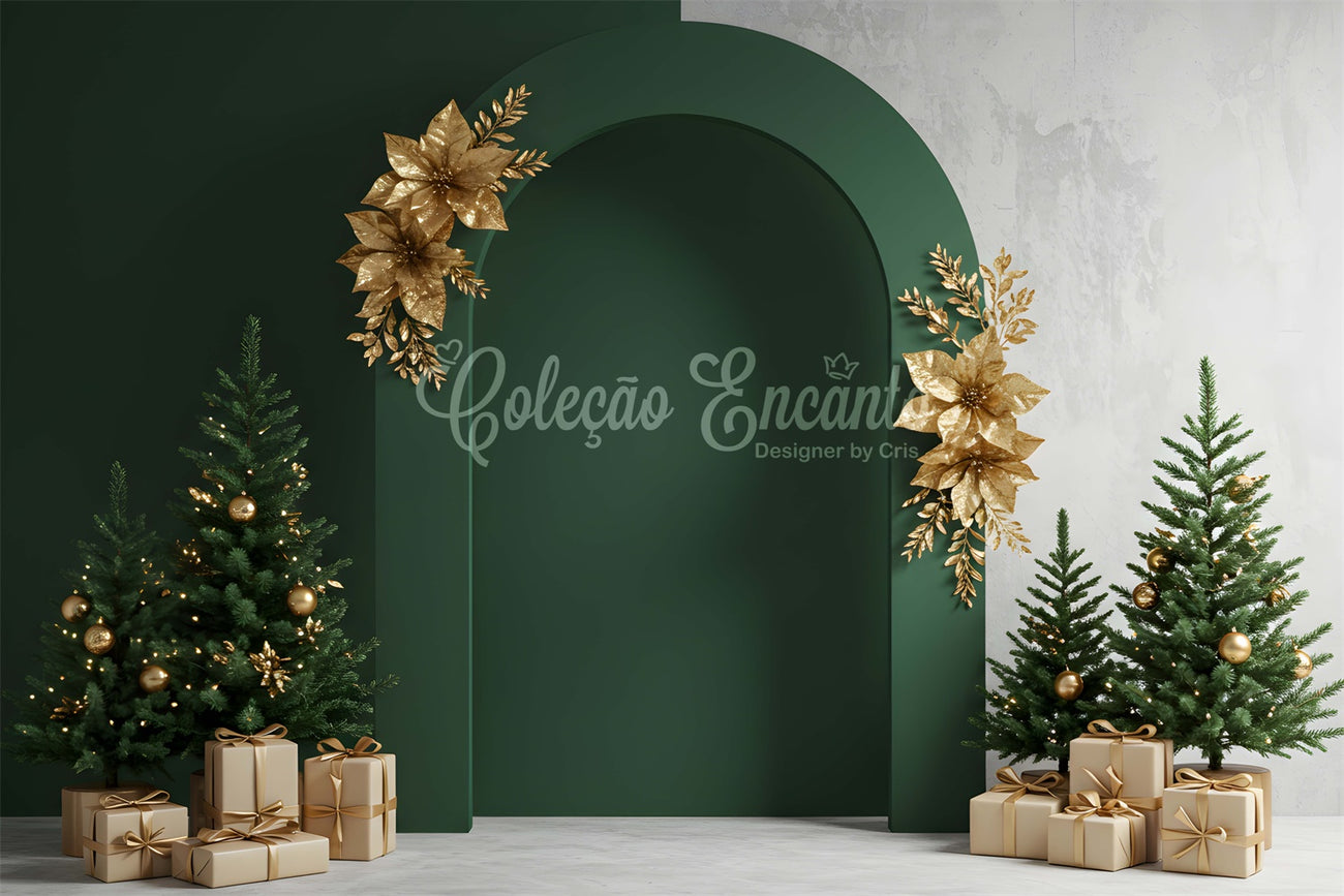 Aperturee Bell Snow Leaves Green Gold Merry Christmas Backdrop main image 0