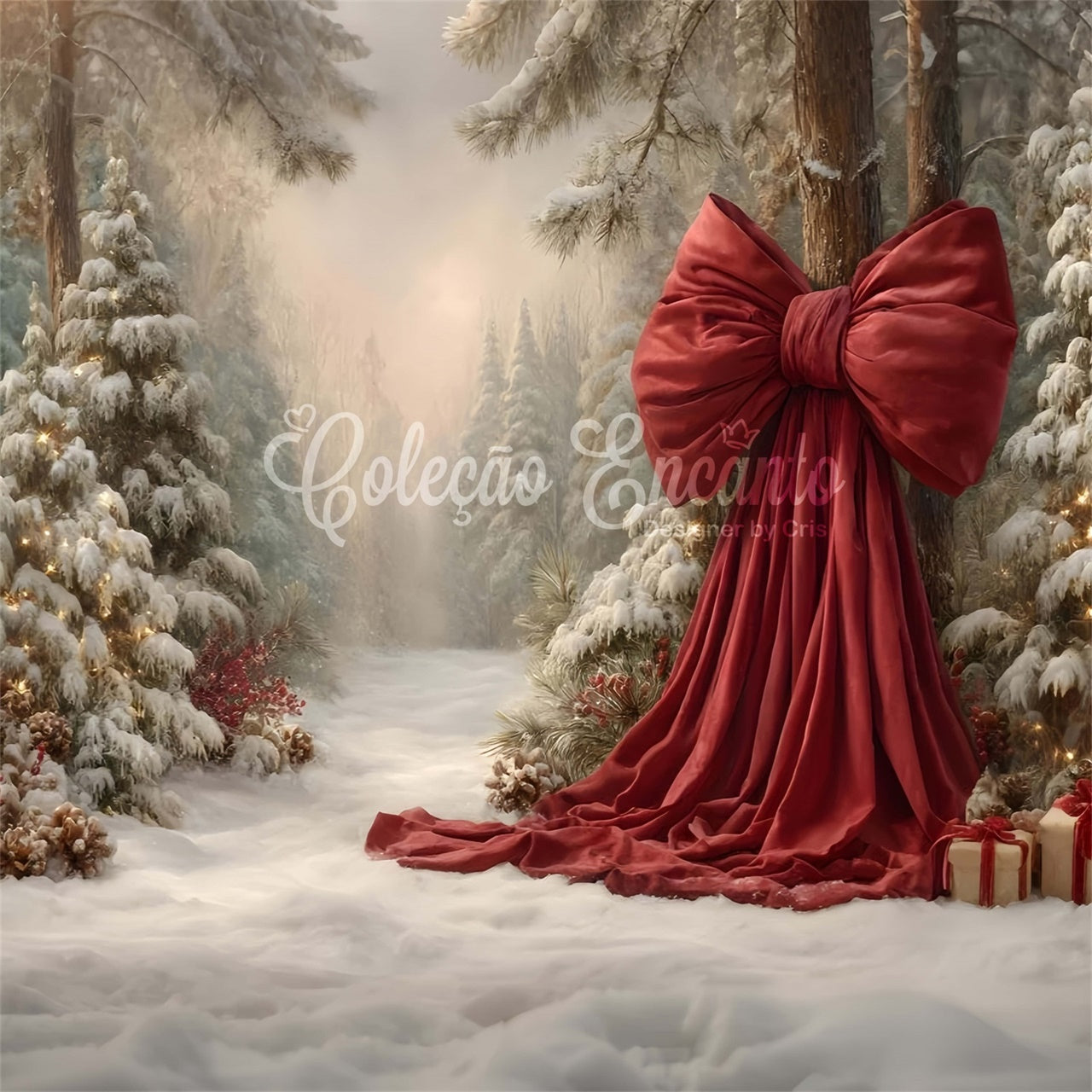 Christmas Tree Backdrop Snowy Forest Holiday Bow Backdrop By Magali