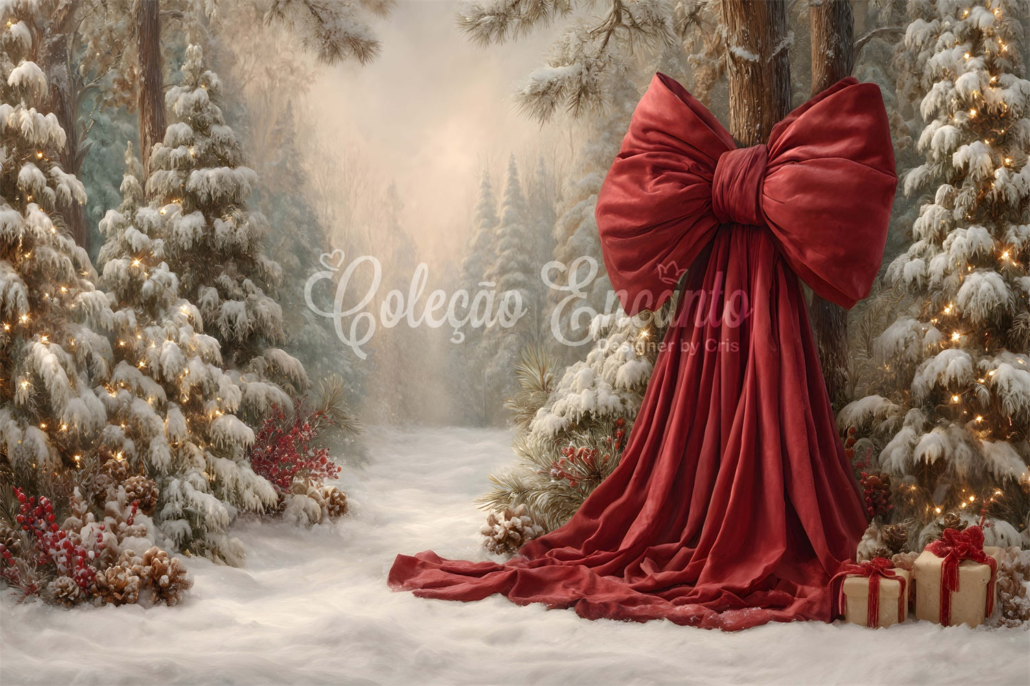 Christmas Tree Backdrop Snowy Forest Holiday Bow Backdrop By Magali