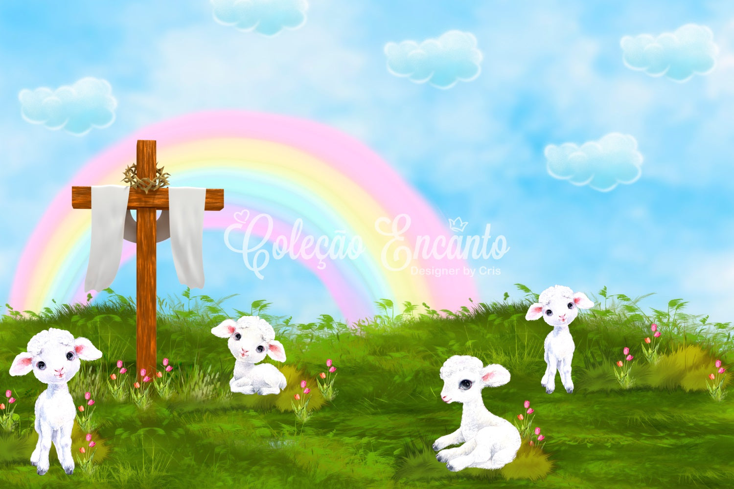 Kids Photography Backdrops Rainbow Cross Lamb Meadow Blessings Rainbow Backdrop By Magali