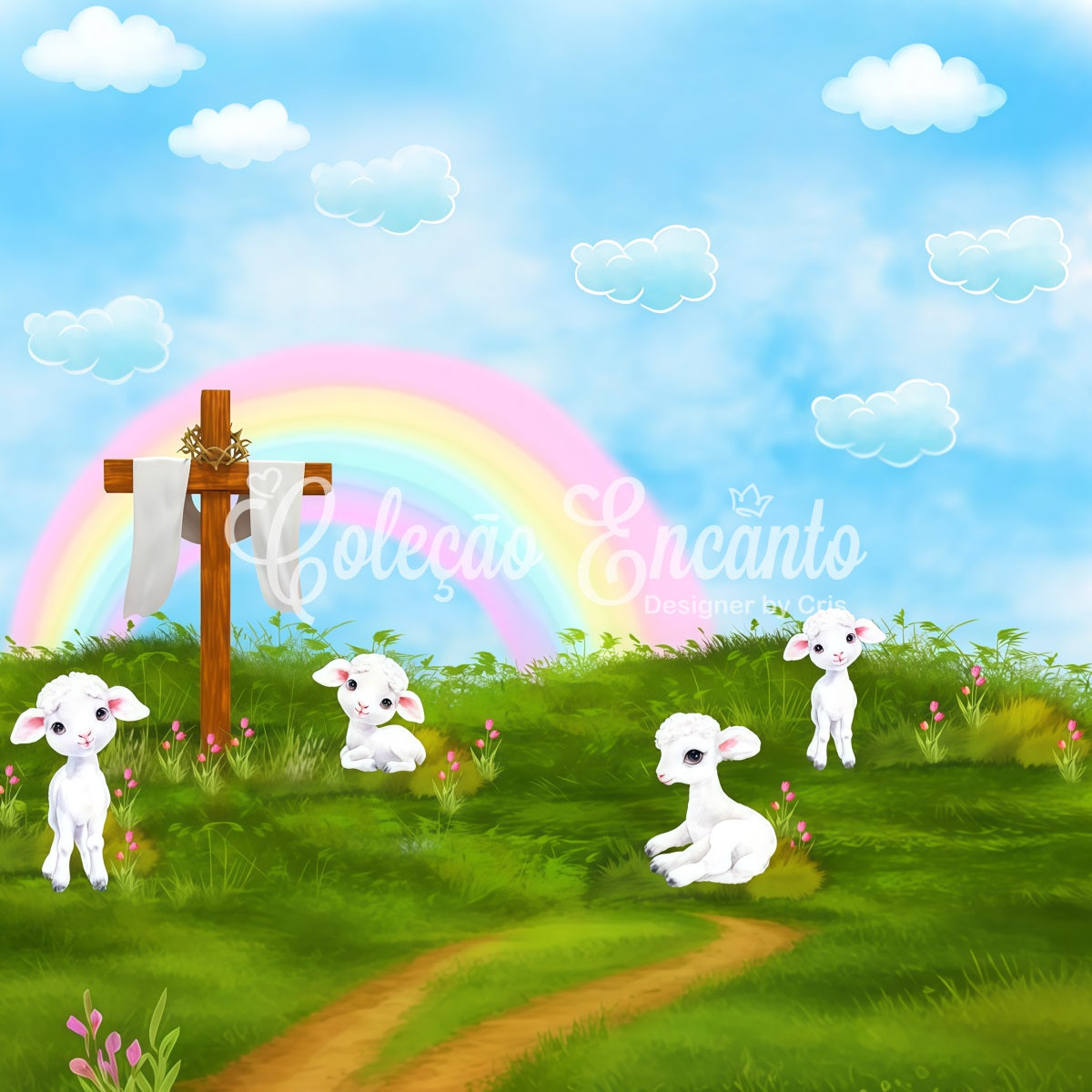 Kids Photography Backdrops Rainbow Cross Lamb Meadow Blessings Rainbow Backdrop By Magali