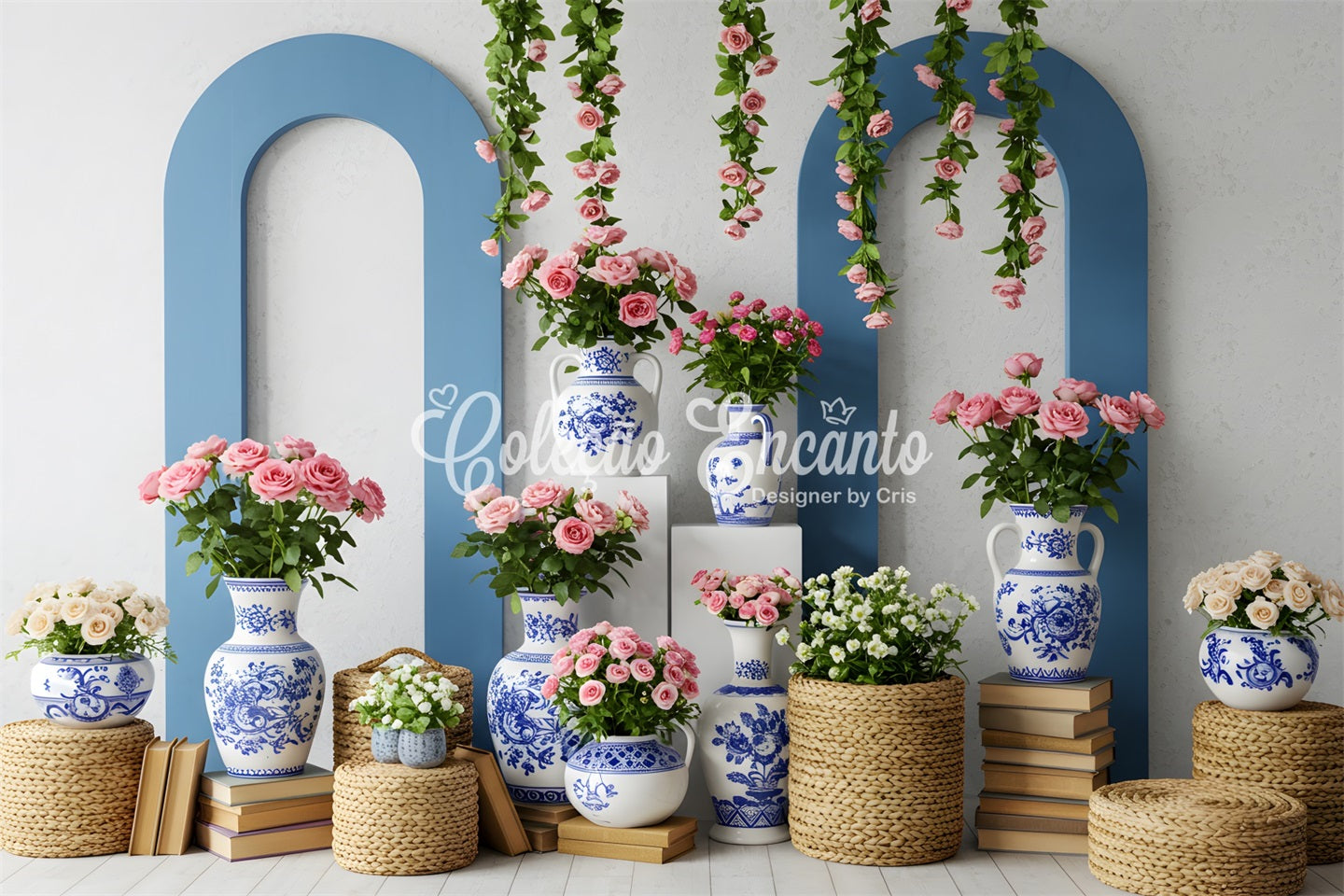 Mother's Day Photoshoot Backdrop Blue White Vase Floral Mother's Day Photo Backdrop By Magali