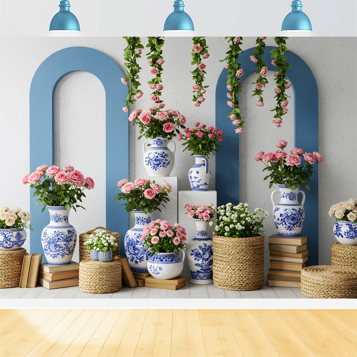 Mother's Day Photoshoot Backdrop Blue White Vase Floral Mother's Day Photo Backdrop By Magali