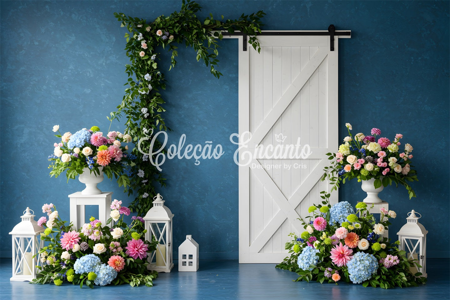 Mother's Day Photo Booth Backdrop Blue Wall White Door Floral Backdrop For Mother's Day By Magali