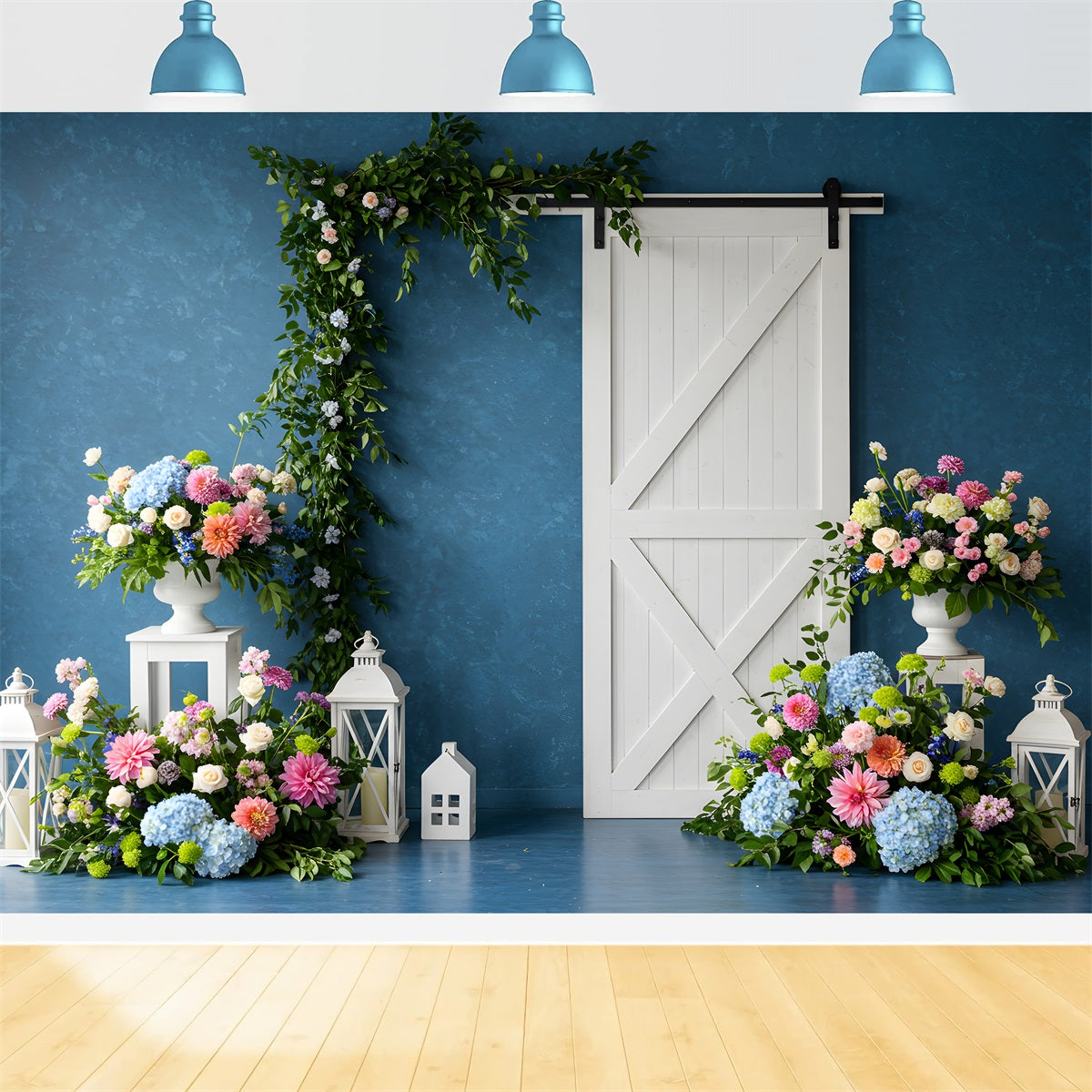 Mother's Day Photo Booth Backdrop Blue Wall White Door Floral Backdrop For Mother's Day By Magali