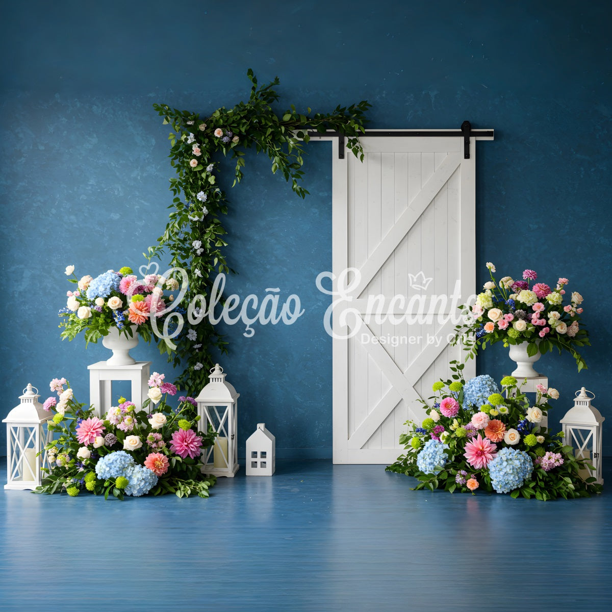 Mother's Day Photo Booth Backdrop Blue Wall White Door Floral Backdrop For Mother's Day By Magali