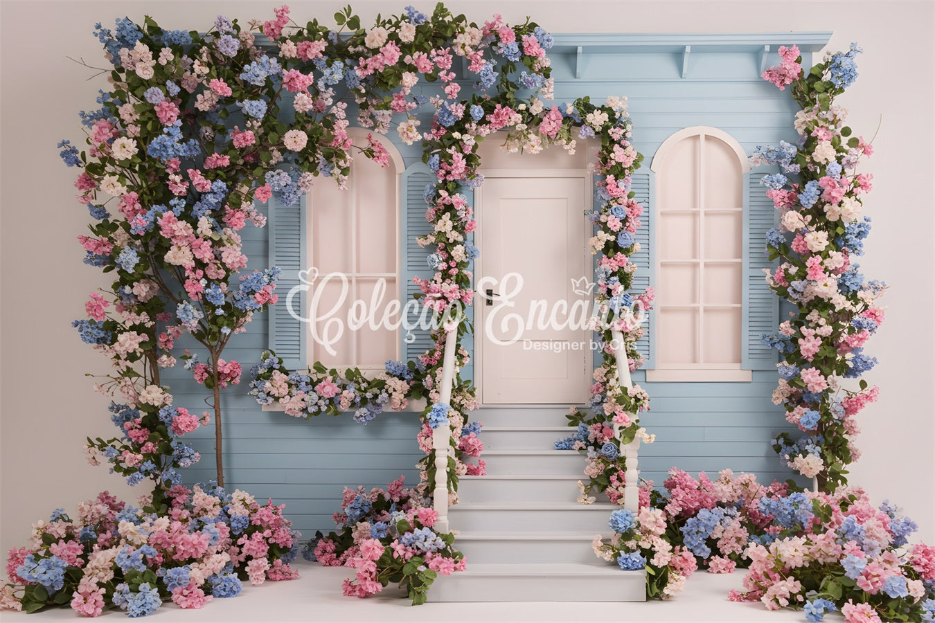 Photo Backdrop For Mothers Day Blue Floral House Mother's Day Photoshoot Backdrop By Magali