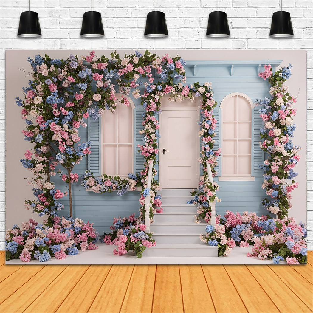 Photo Backdrop For Mothers Day Blue Floral House Mother's Day Photoshoot Backdrop By Magali