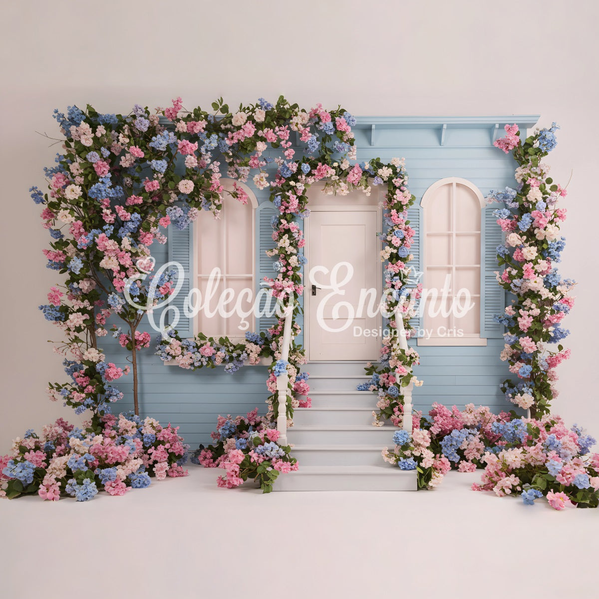 Photo Backdrop For Mothers Day Blue Floral House Mother's Day Photoshoot Backdrop By Magali