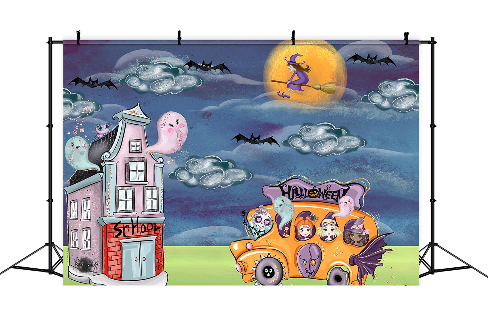 Children Backdrop Ghost Witch School Bus Night Halloween Backdrops For Kids By Magali