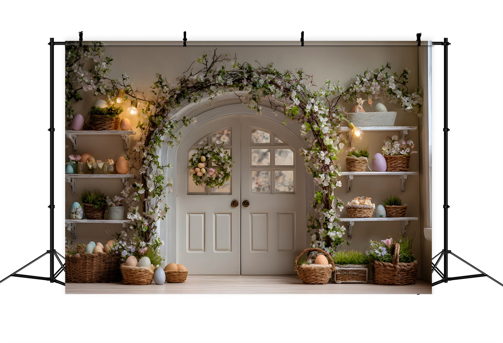 Easter Wreath Doorway Backdrop Egg Floral Shelves Happy Easter Backdrop By Magali