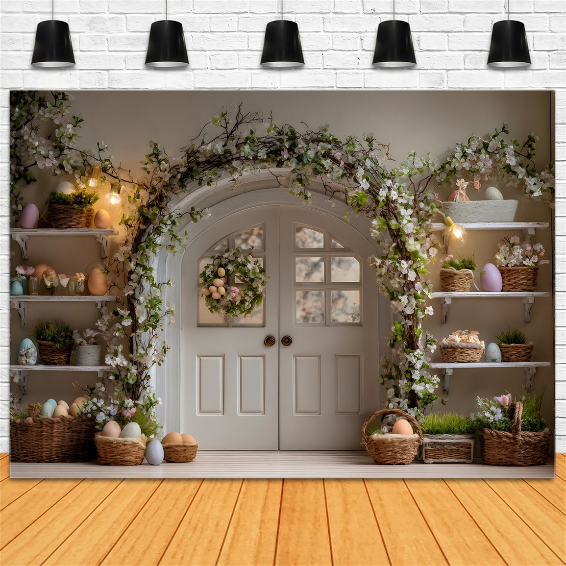 Easter Wreath Doorway Backdrop Egg Floral Shelves Happy Easter Backdrop By Magali