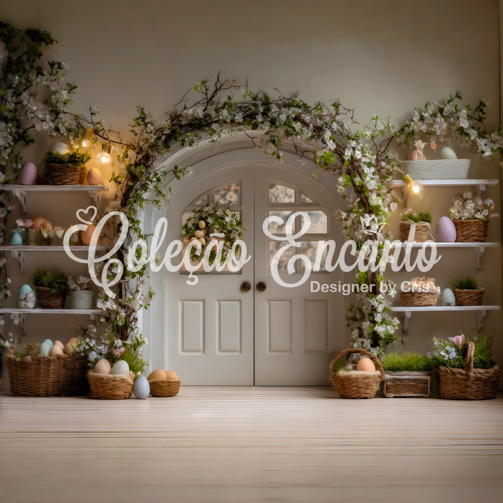 Easter Wreath Doorway Backdrop Egg Floral Shelves Happy Easter Backdrop By Magali
