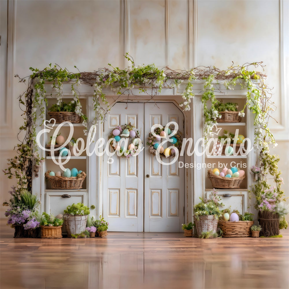 Easter Spring Floral Wreath Backdrop Vine Door Egg Shelves Easter Backdrops By Magali