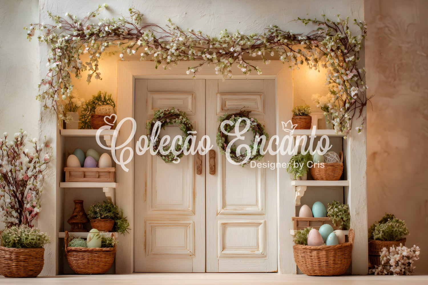 Easter Spring Backdrop Blossom Door Green Wreaths Easter Photoshoot Backdrop By Magali