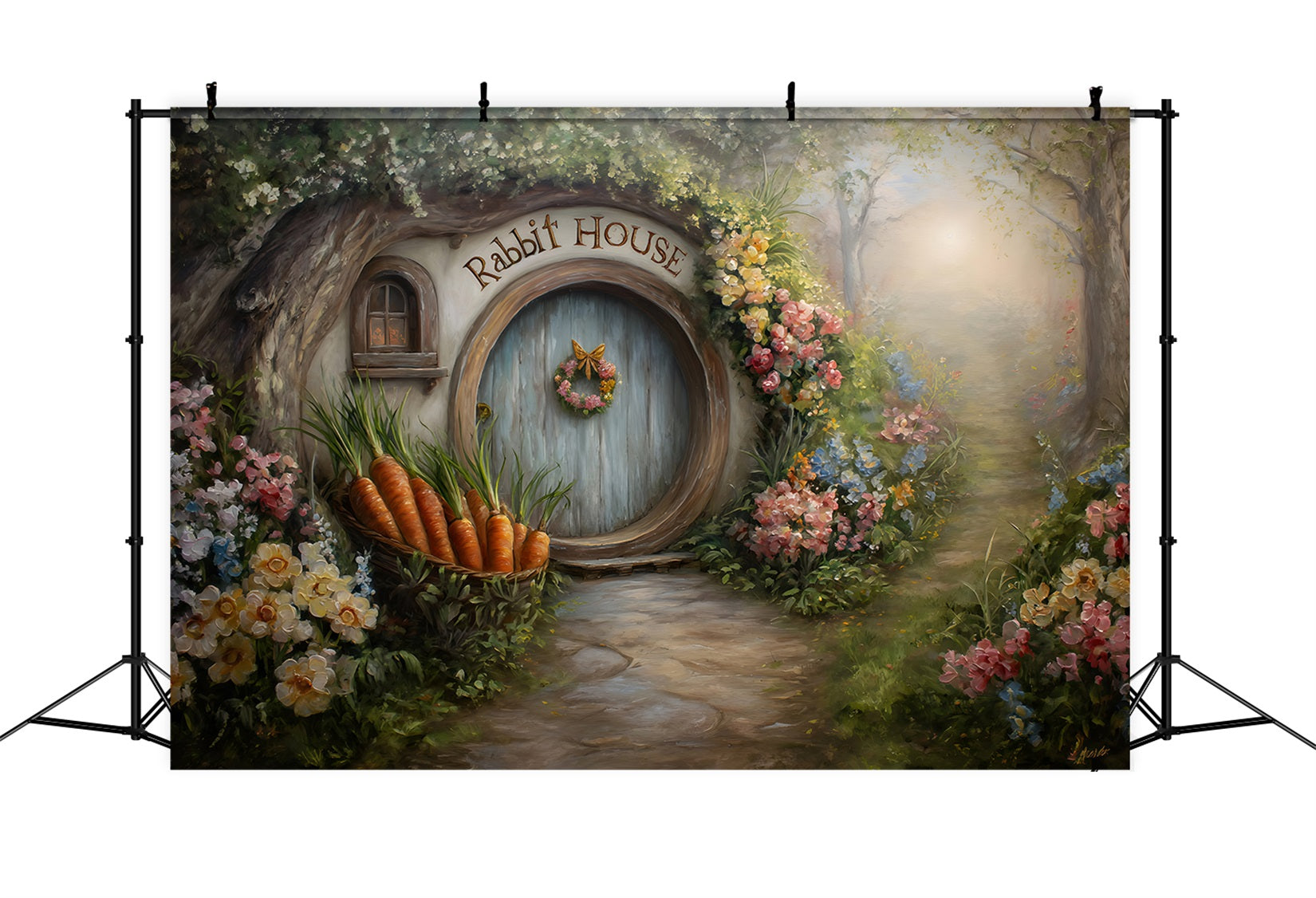 Easter Bunny Burrow Backdrop Hobbit Door Carrot Blooms Easter Photography Backdrop By Magali