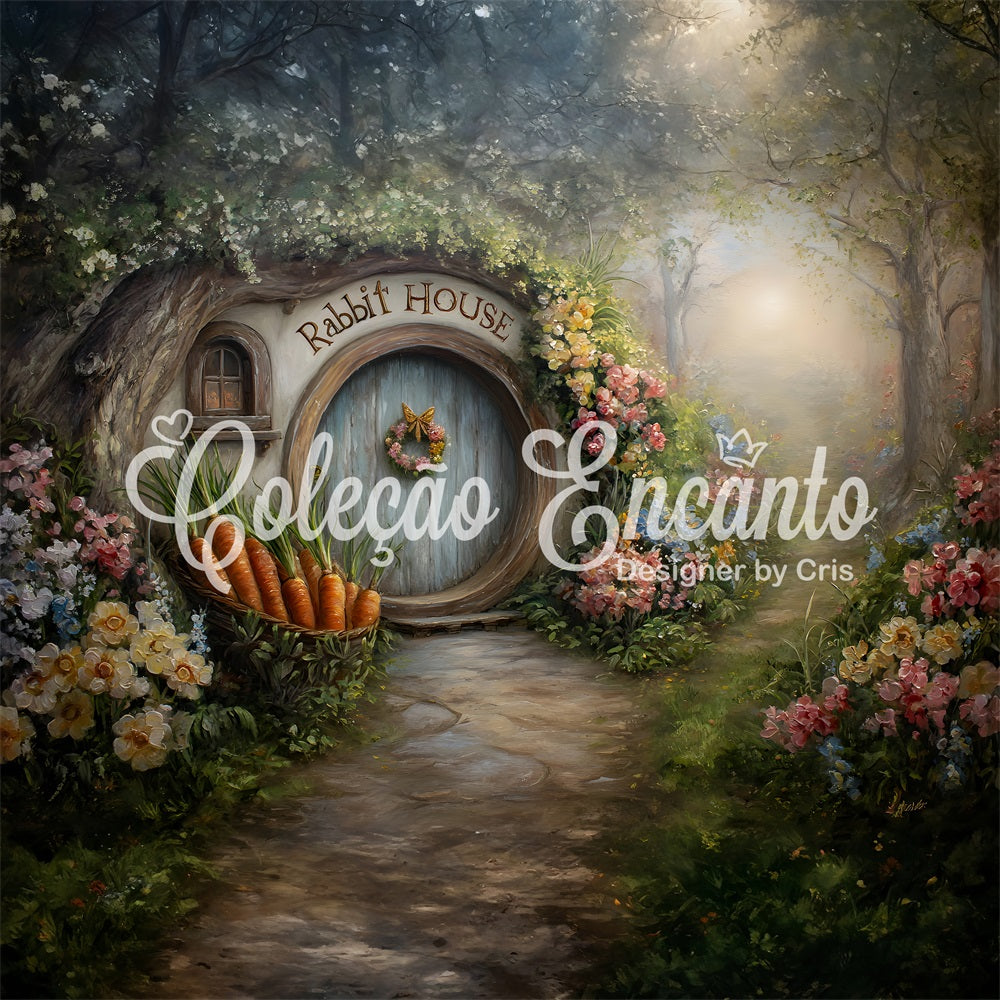 Easter Bunny Burrow Backdrop Hobbit Door Carrot Blooms Easter Photography Backdrop By Magali
