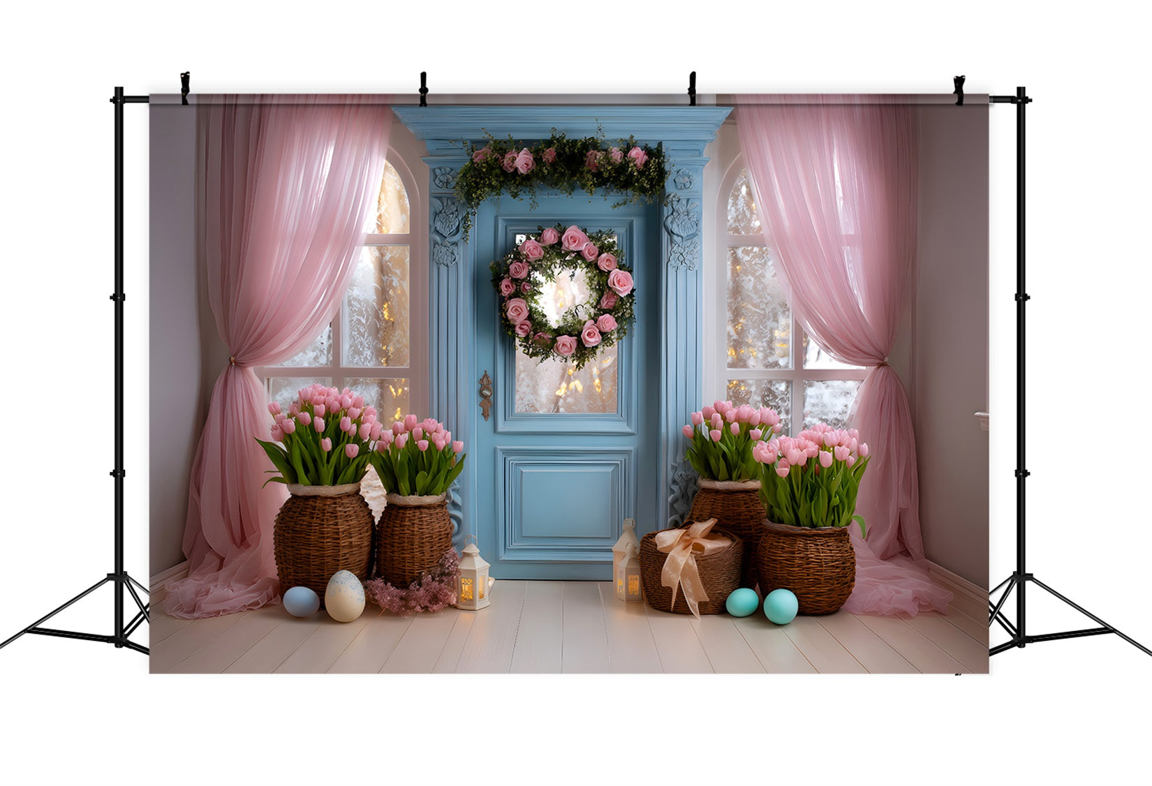 Easter Tulip Backdrop Blue Door Pink Curtain Easter Backdrop For Photography By Magali