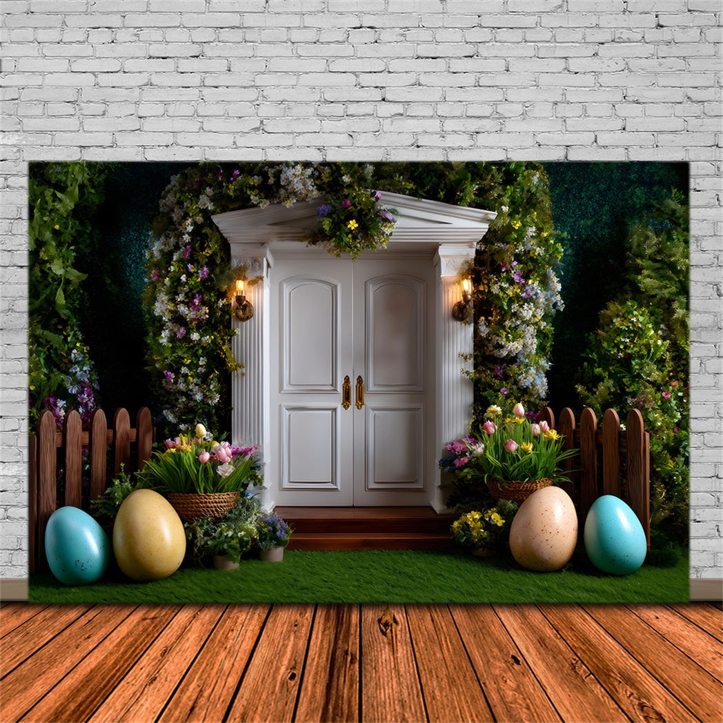 Easter European Garden Backdrop White Door Egg Tulips Photography Easter Backdrop By Magali