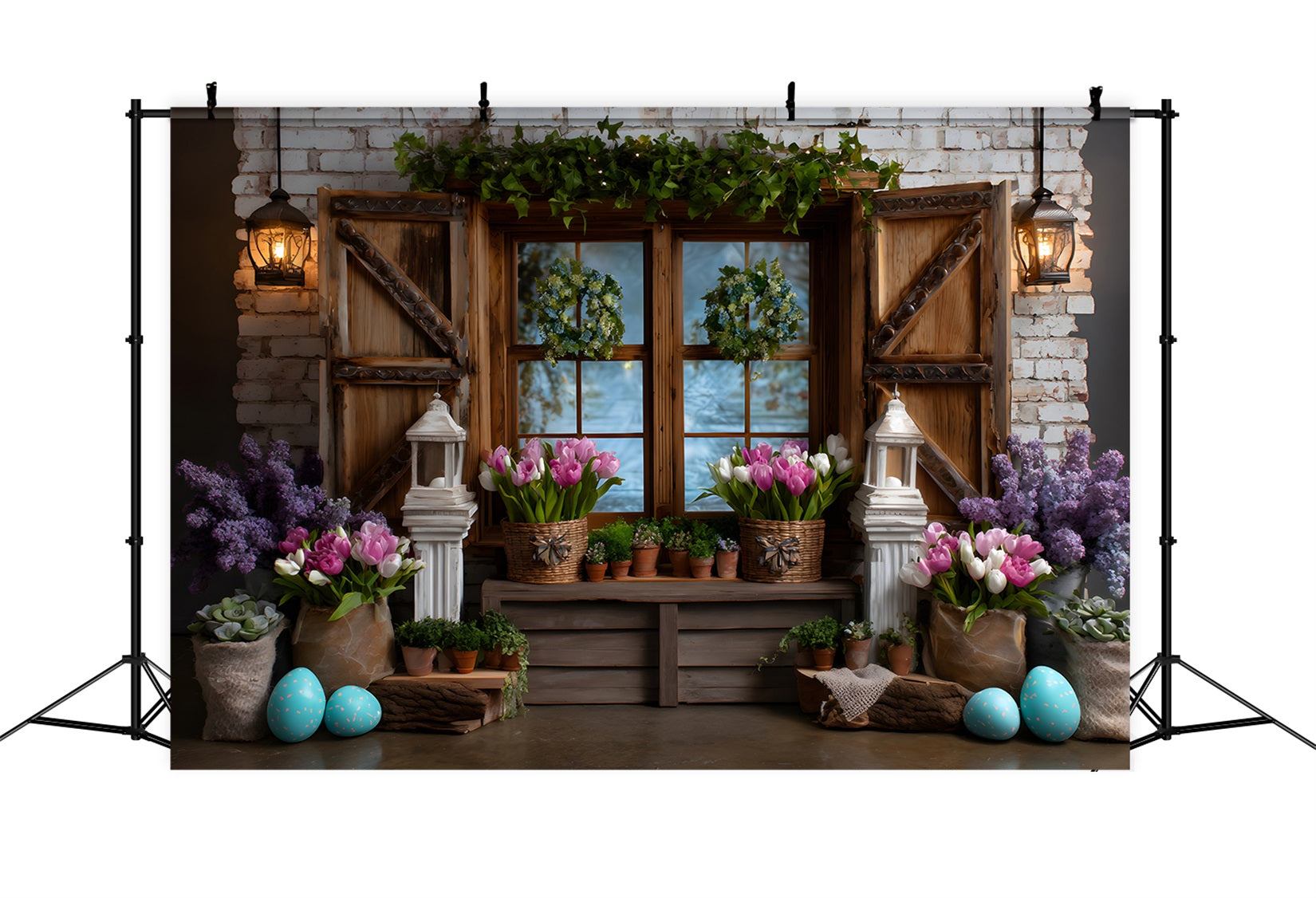 Easter Cottage Garden Backdrop Window Wreath Tulip Eggs Easter Backdrops Photography By Magali