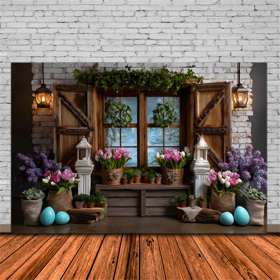 Easter Cottage Garden Backdrop Window Wreath Tulip Eggs Easter Backdrops Photography By Magali