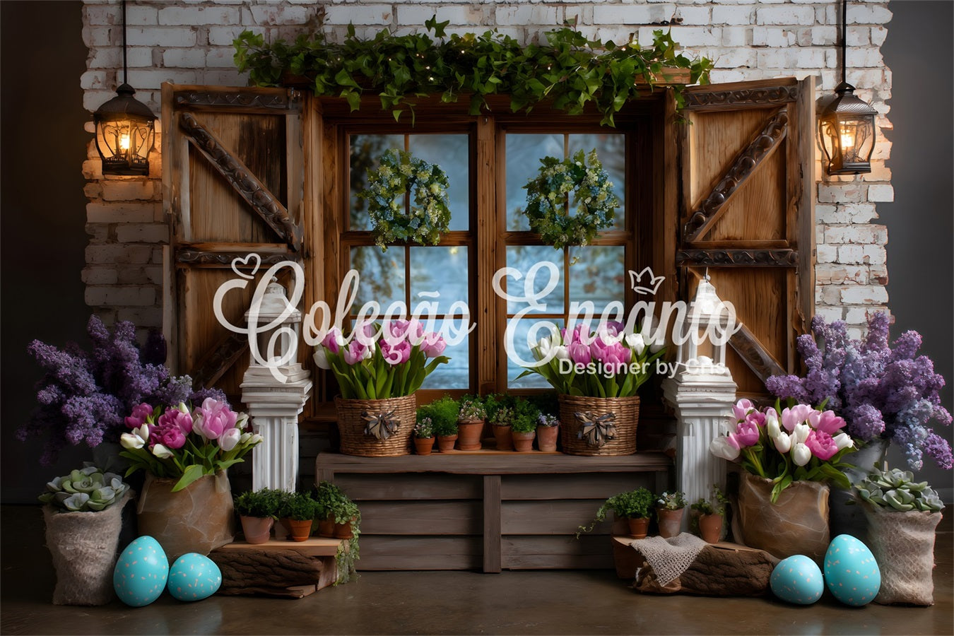 Easter Cottage Garden Backdrop Window Wreath Tulip Eggs Easter Backdrops Photography By Magali