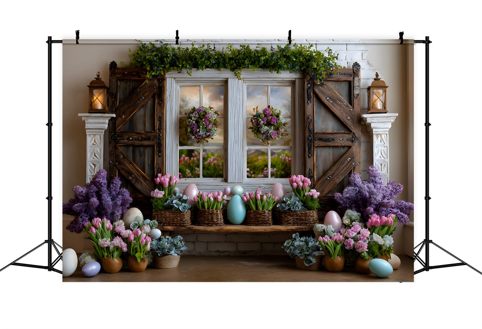 Easter Cottage Garden Backdrop Lavender Tulip Eggs Window Happy Easter Photo Backdrop By Magali