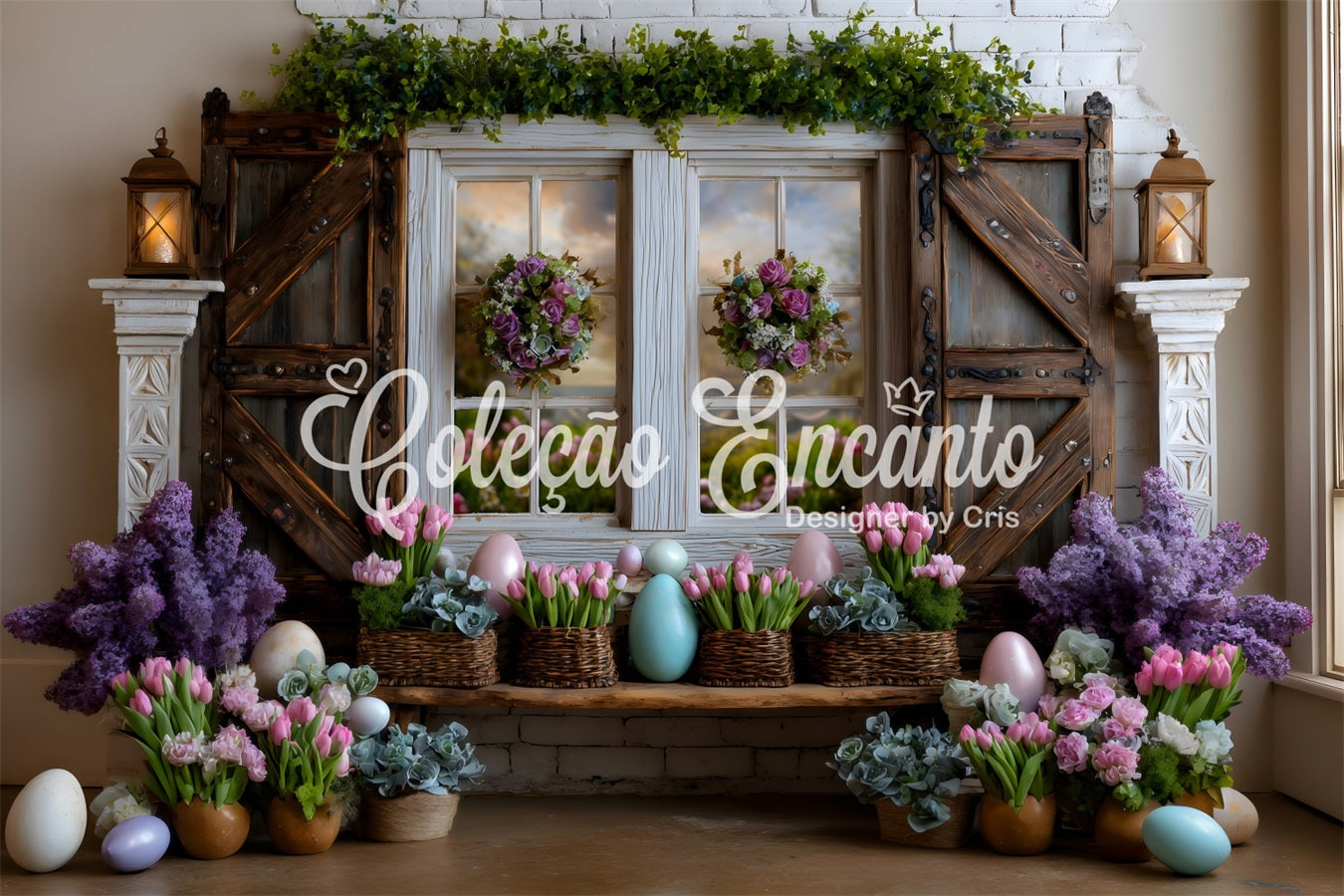 Easter Cottage Garden Backdrop Lavender Tulip Eggs Window Happy Easter