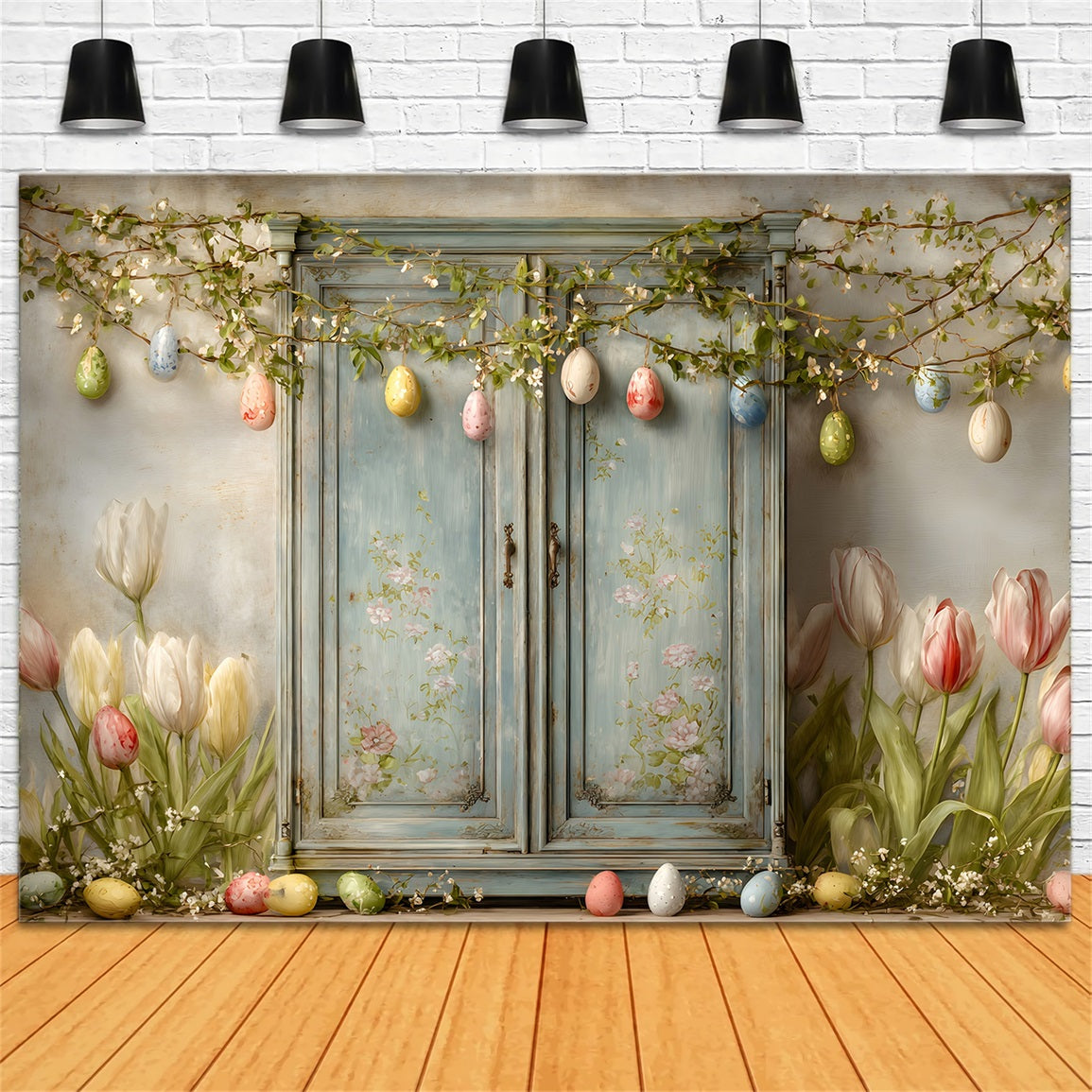 Easter Vintage Floral Backdrop Blue Door Tulip Eggs Simple Easter Backdrop By Magali