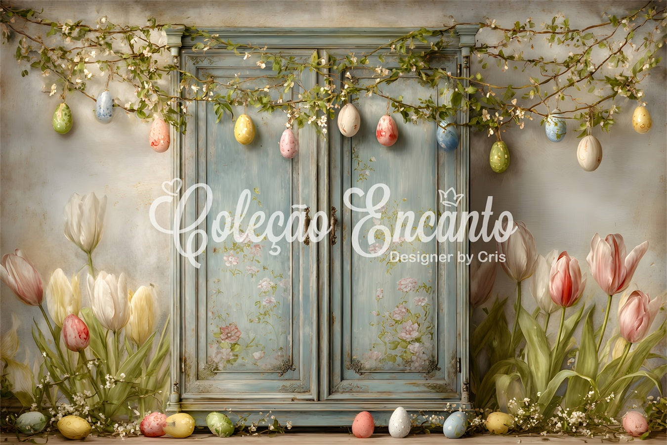 Easter Vintage Floral Backdrop Blue Door Tulip Eggs Simple Easter Back