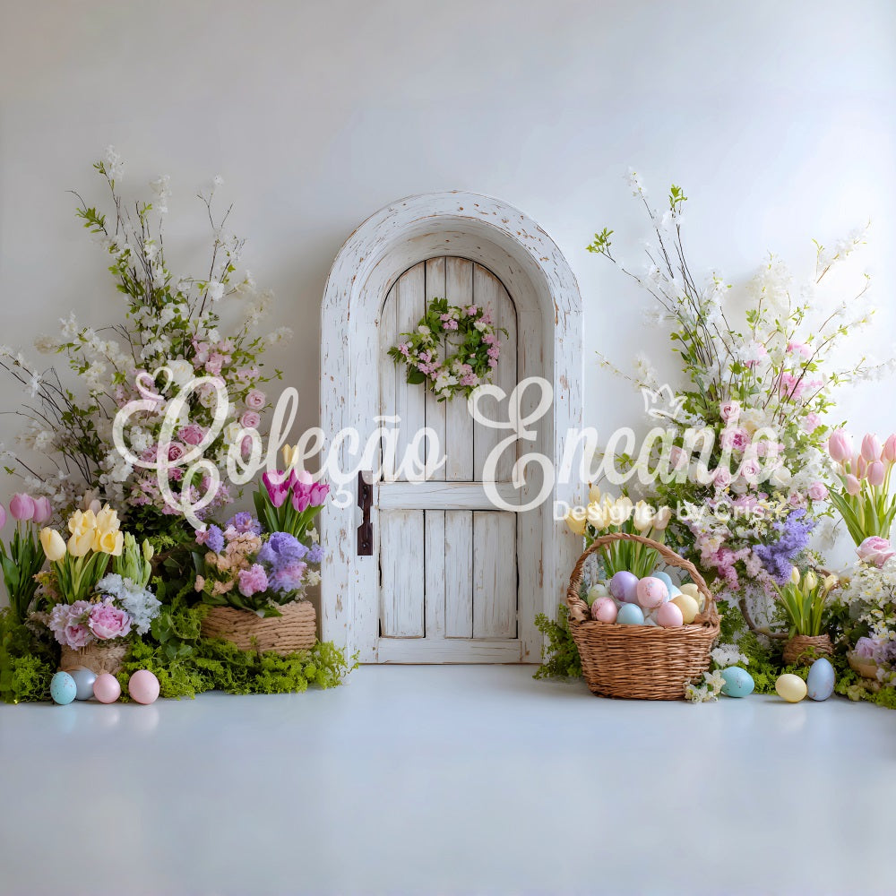 Easter Spring Backdrop Wreath Door Egg Basket Easter Party Backdrop By Magali