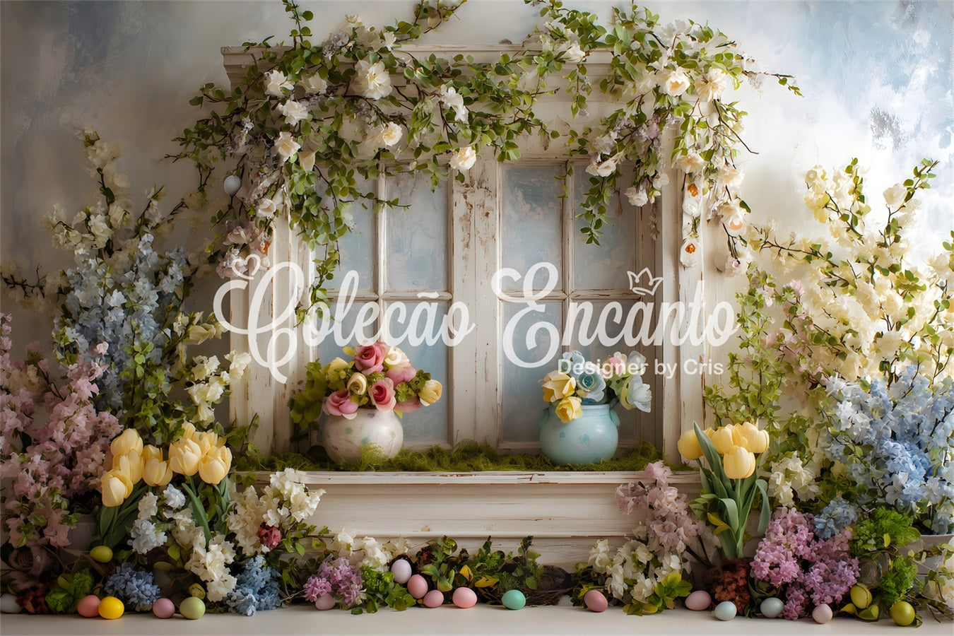 Easter Cottage Garden Backdrop Window Floral Pastel Eggs Photo Backdrops Easter By Magali