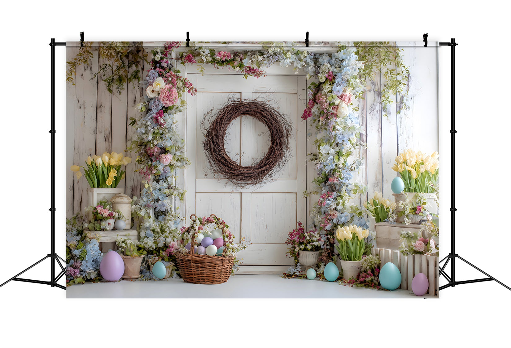Easter Spring Floral Wreath Backdrop Floral Door Egg Basket Happy Easter Backdrops By Magali